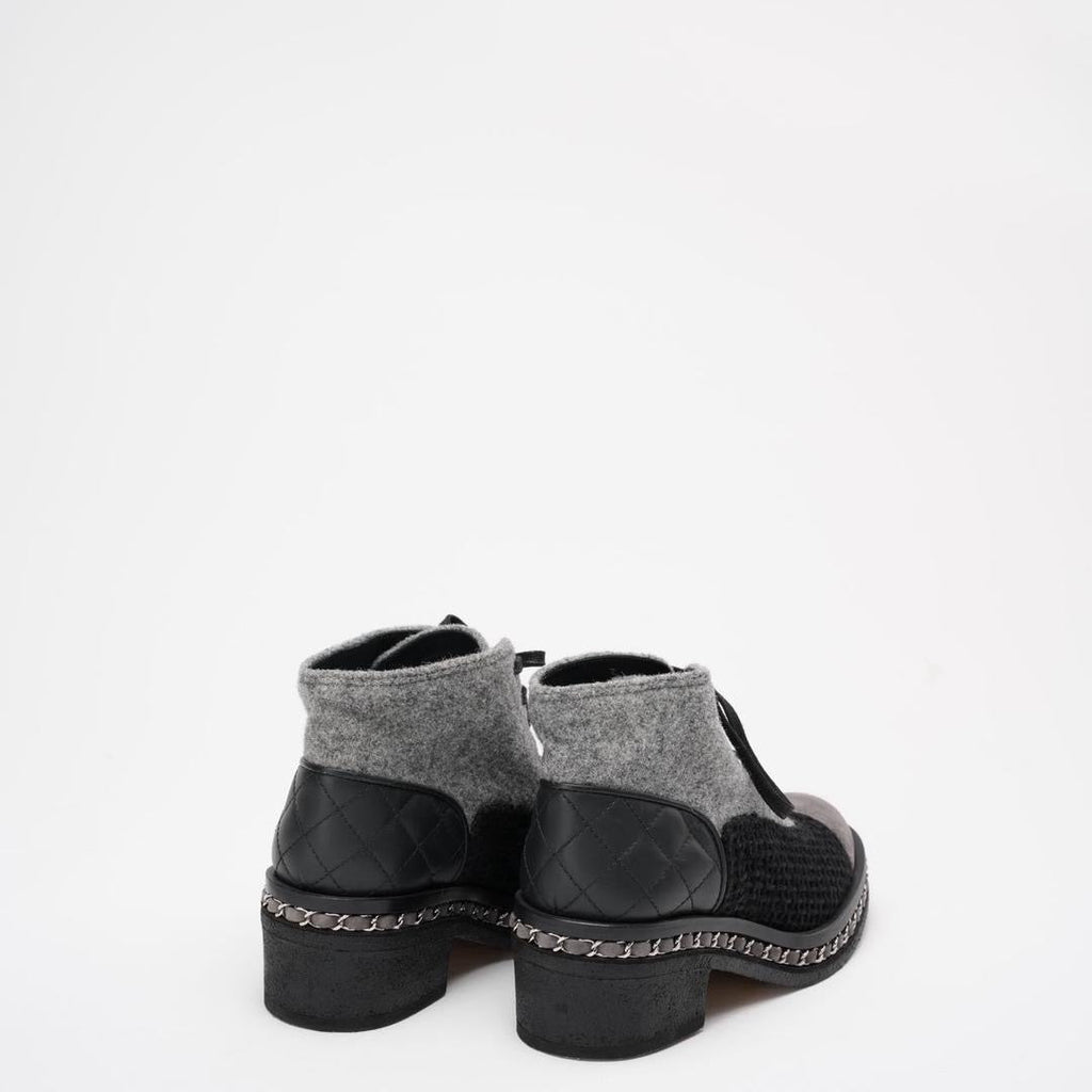 Chanel Black/Grey Tweed Suede Chain Ankle Boots 37
