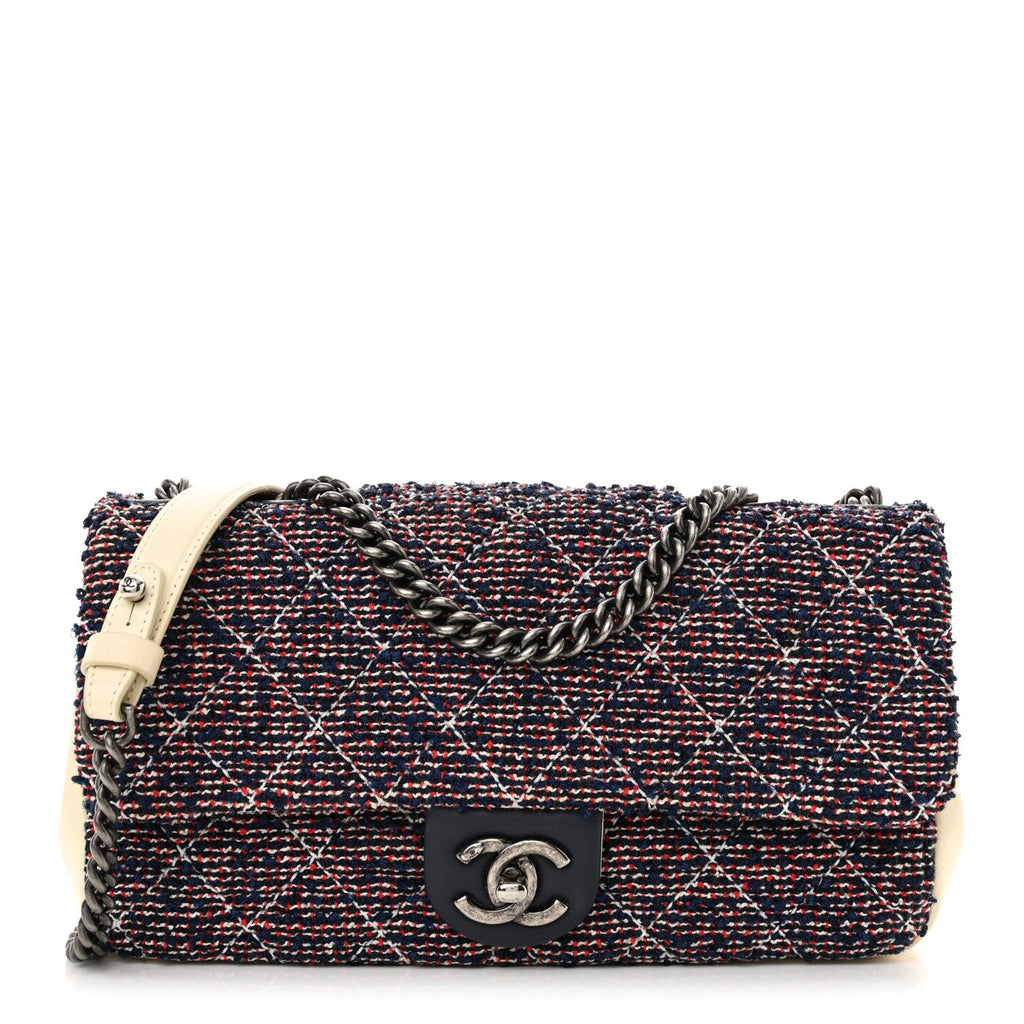 Tweed Quilted Medium Single Flap Blue Multicolor
