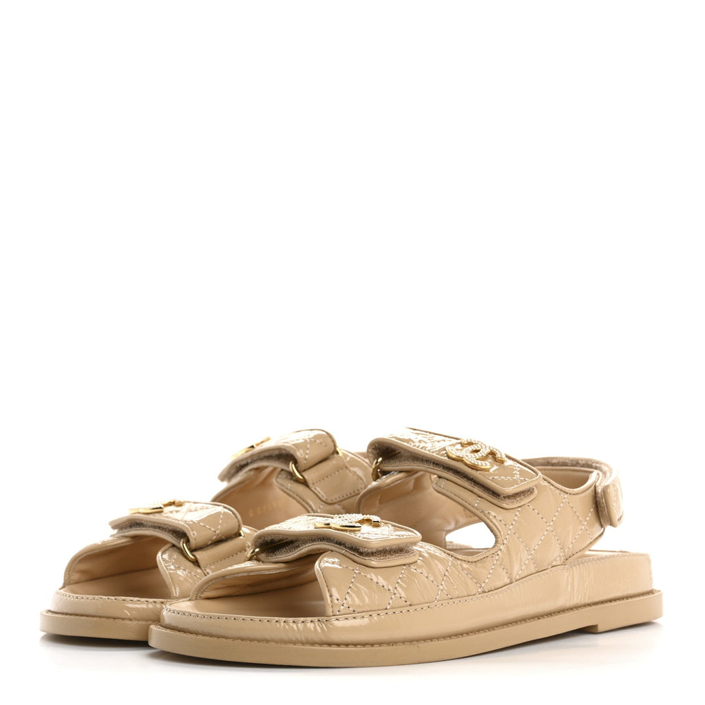 Crumpled Shiny Lambskin Velcro Dad Sandals 40 Beige