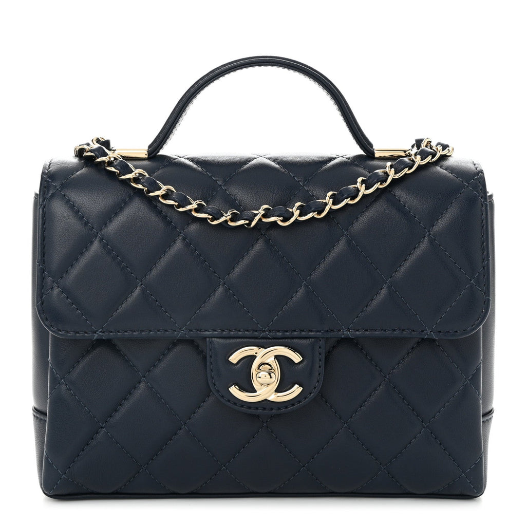 Lambskin Quilted Small Top Handle Square Flap Navy Blue
