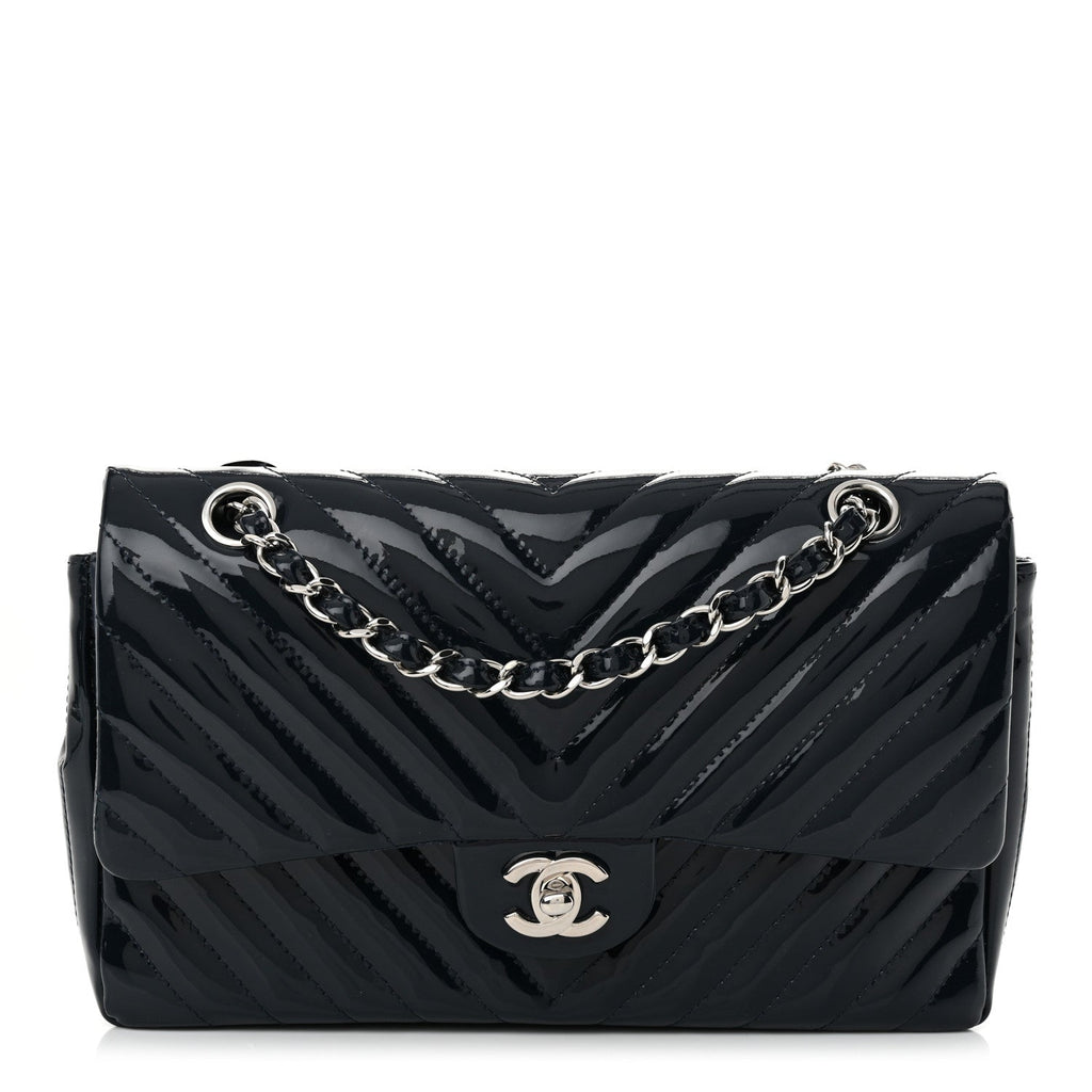 Patent Chevron Quilted Medium Double Flap Navy