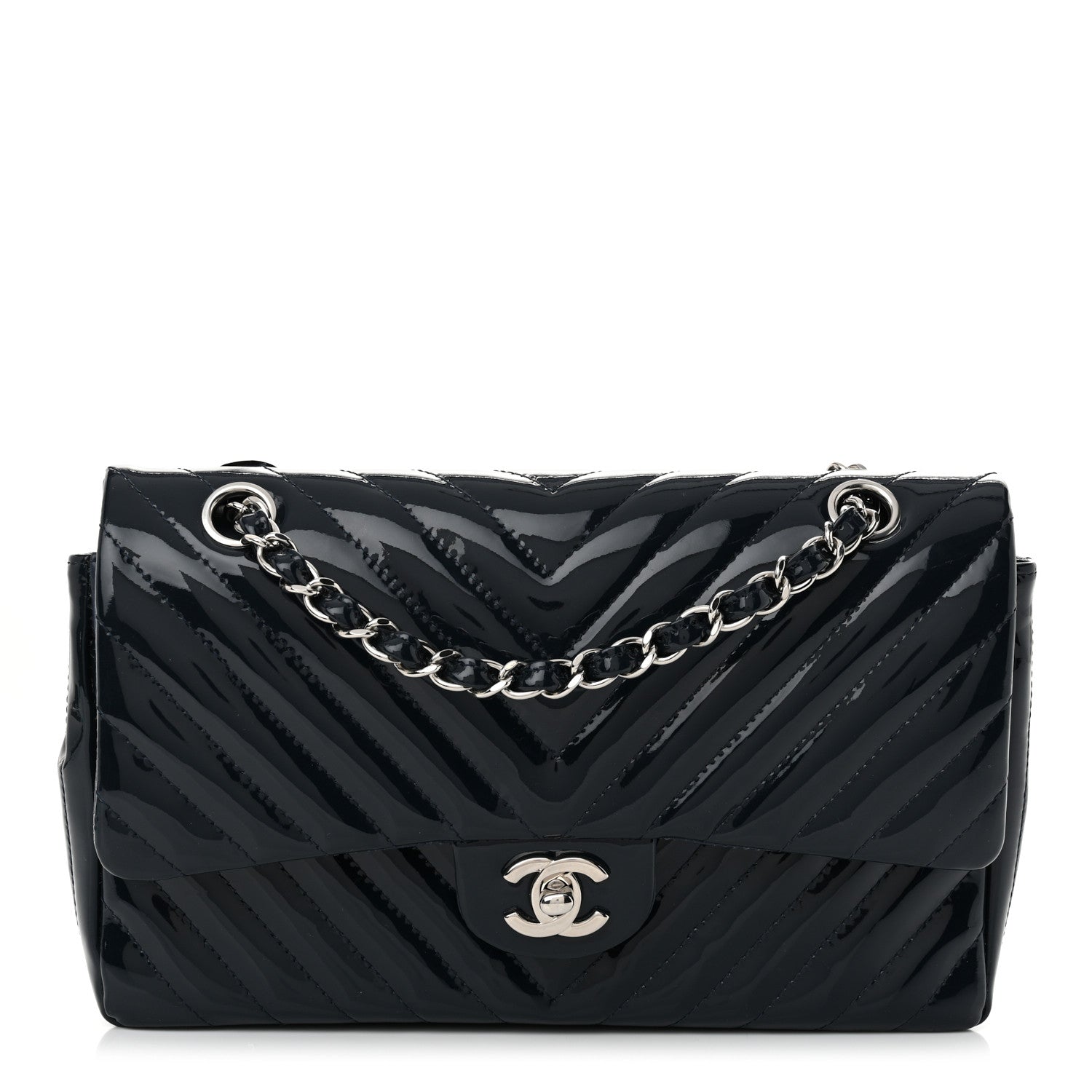 Patent Chevron Quilted Medium Double Flap Navy
