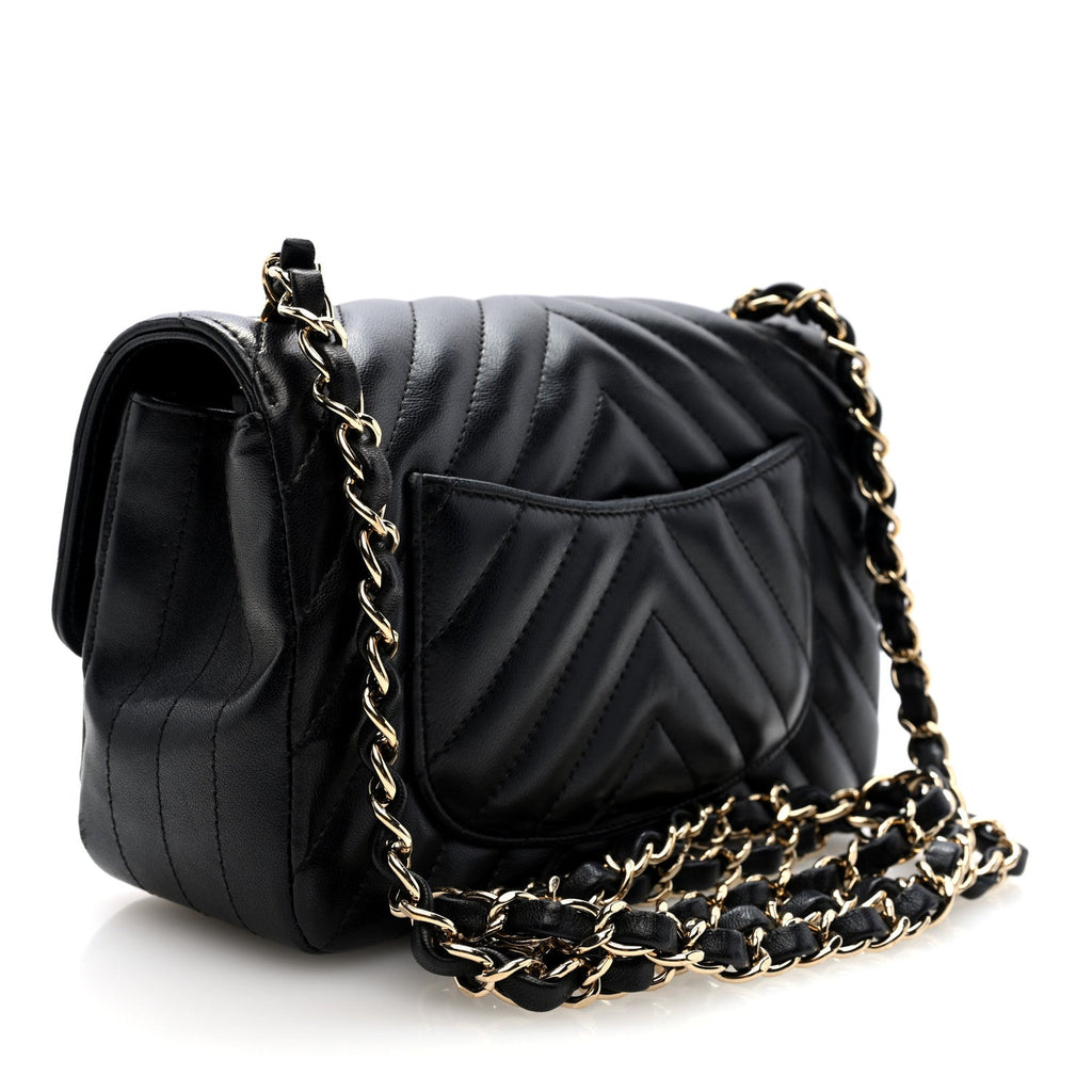 Lambskin Chevron Quilted Mini Rectangular Flap Black