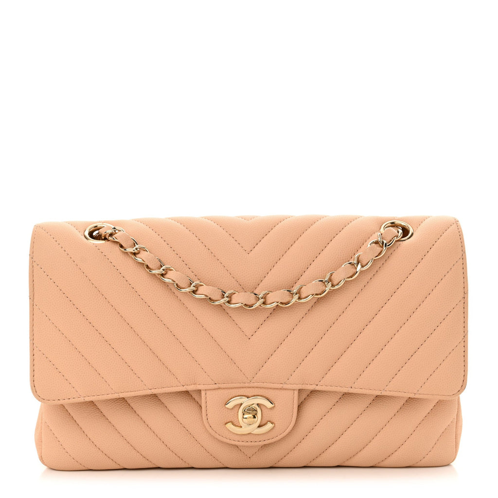 Caviar Chevron Quilted Medium Double Flap Beige
