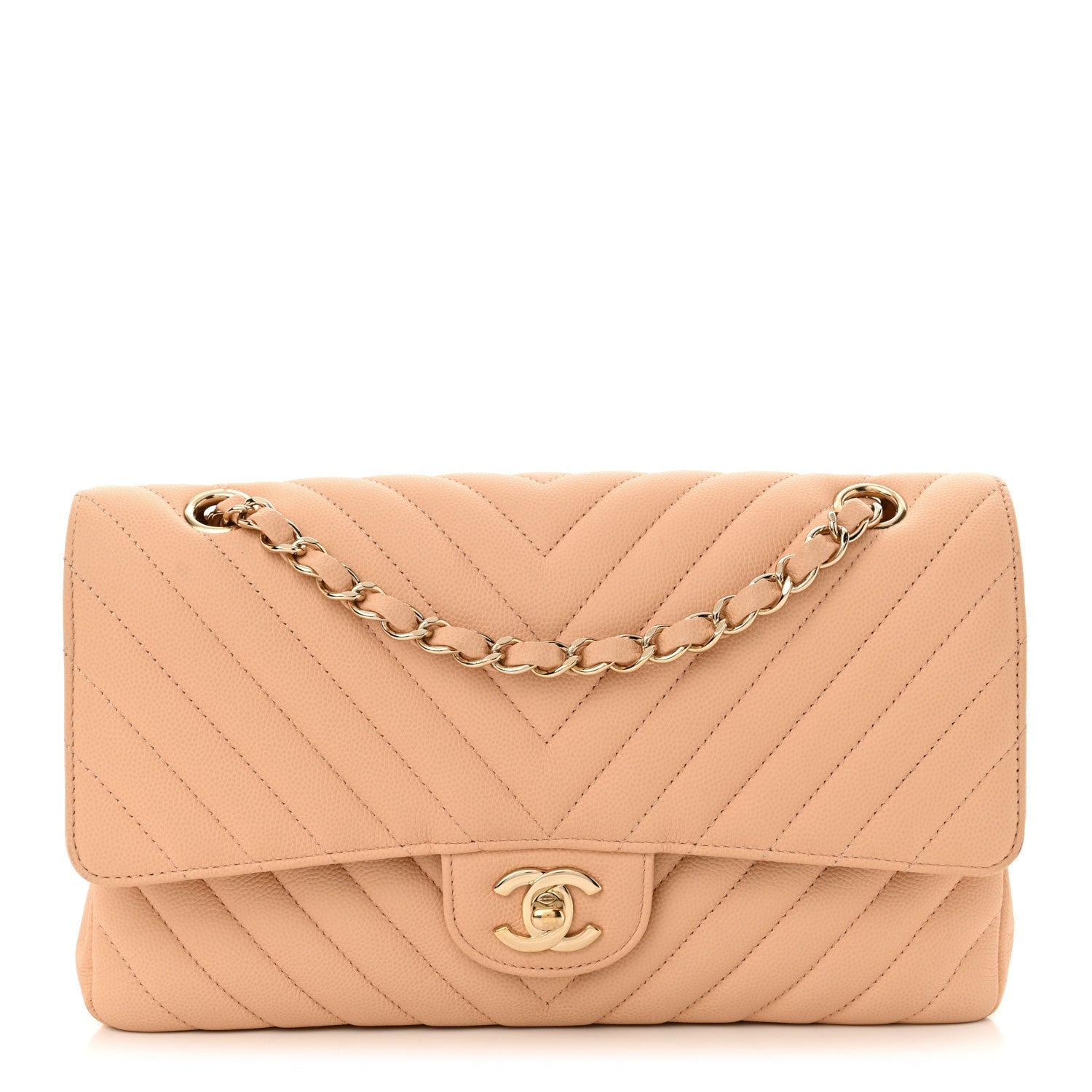 Caviar Chevron Quilted Medium Double Flap Beige