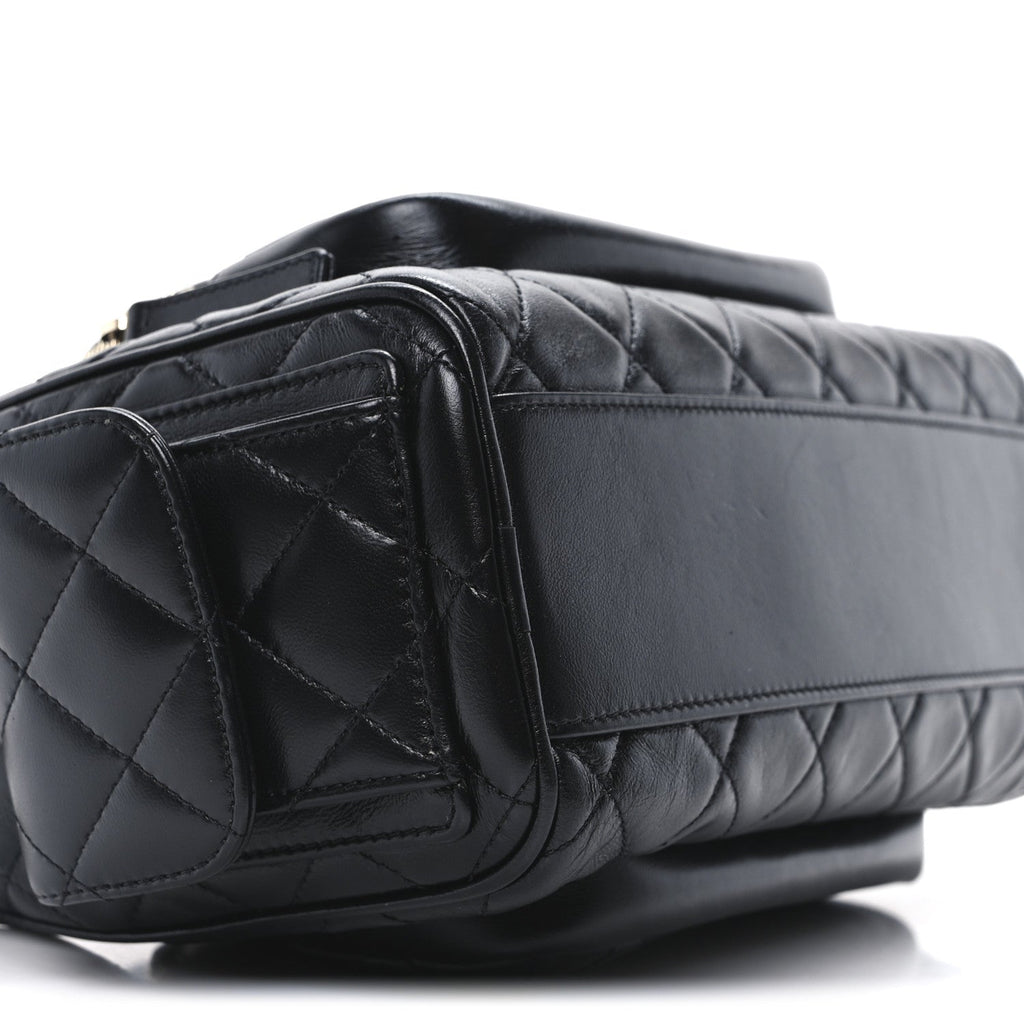 Shiny Crumpled Lambskin Quilted Medium Preppy Pocket Camera Case Black