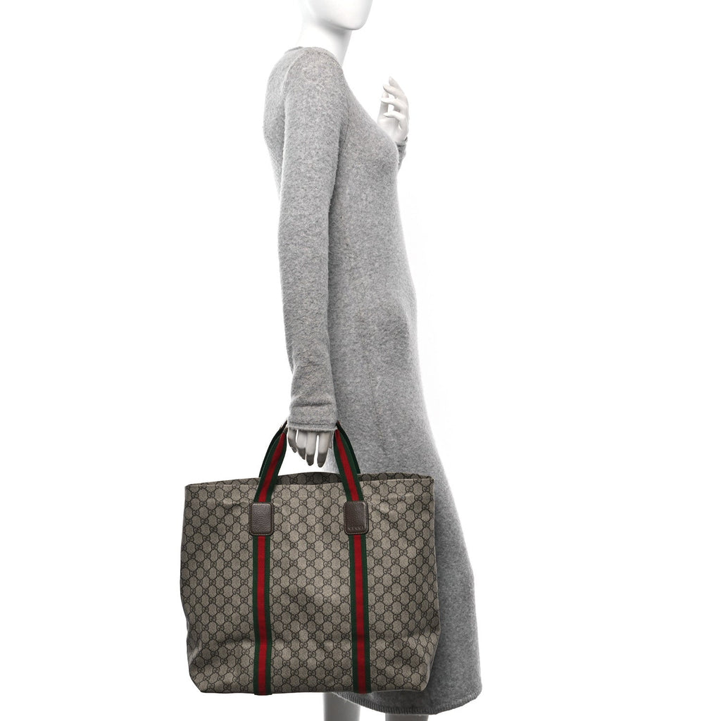 Tender GG Supreme Monogram Textured Dollar Calfskin Web Tote Beige Ebony New Acero