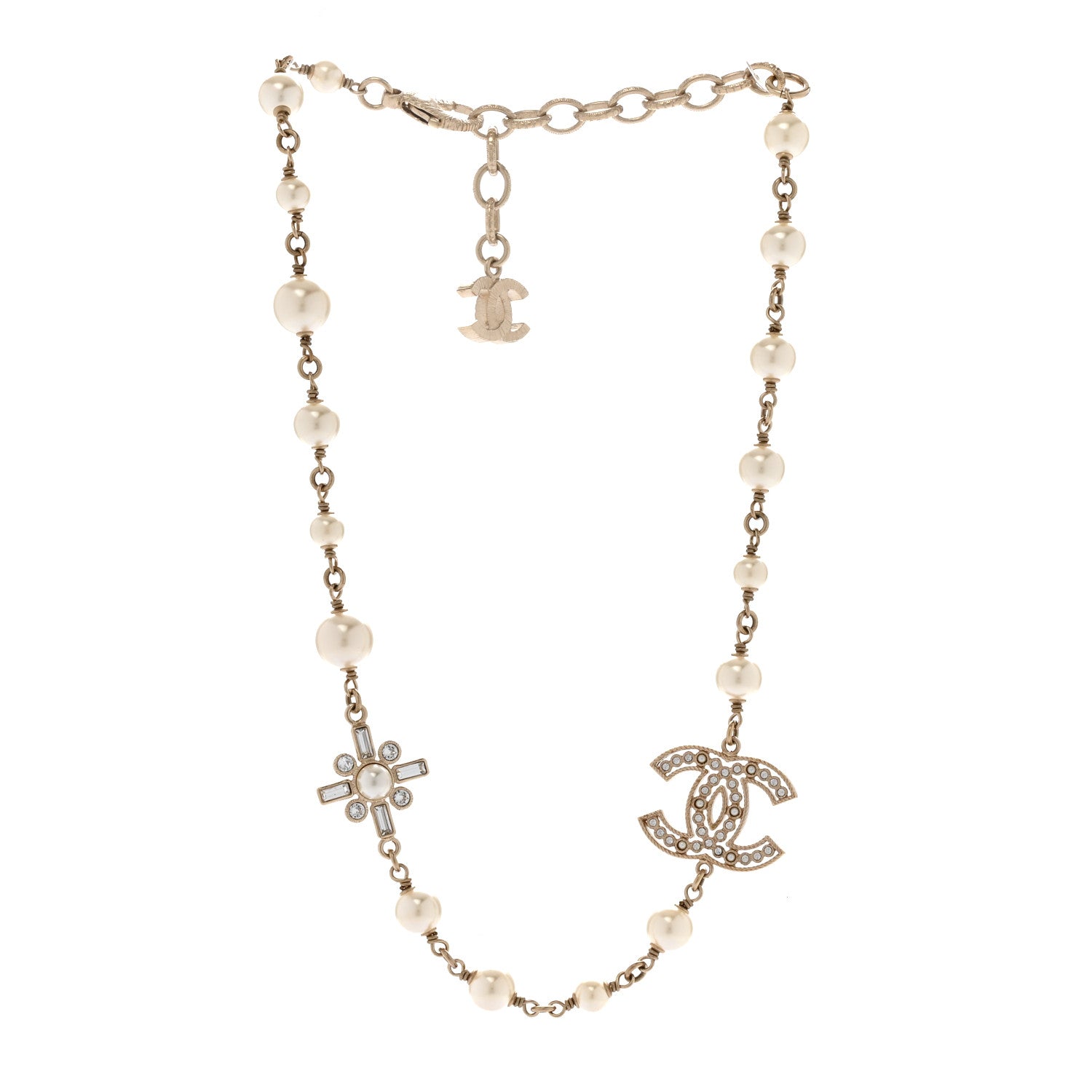 Crystal Baguette Pearl CC Cross Short Necklace Gold