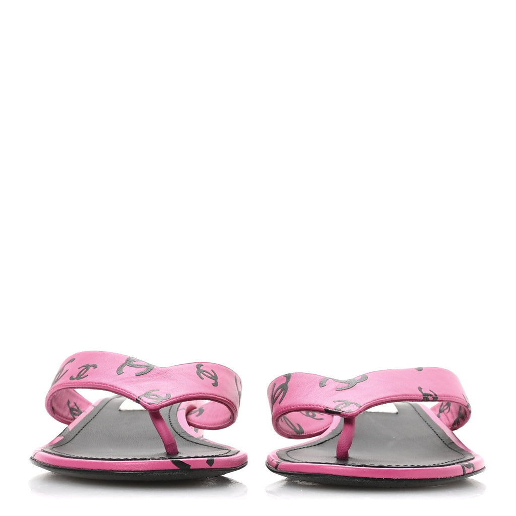 Lambskin Printed Coco Beach Thong Sandals 37.5 Dark Pink Black