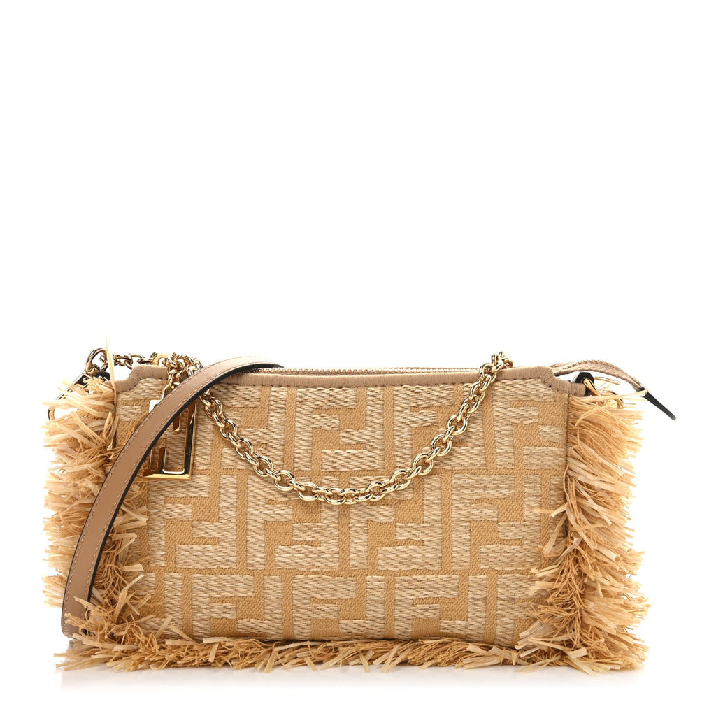 Jacquard Raffia Vitello FF Baguette Chain Pouch Beige