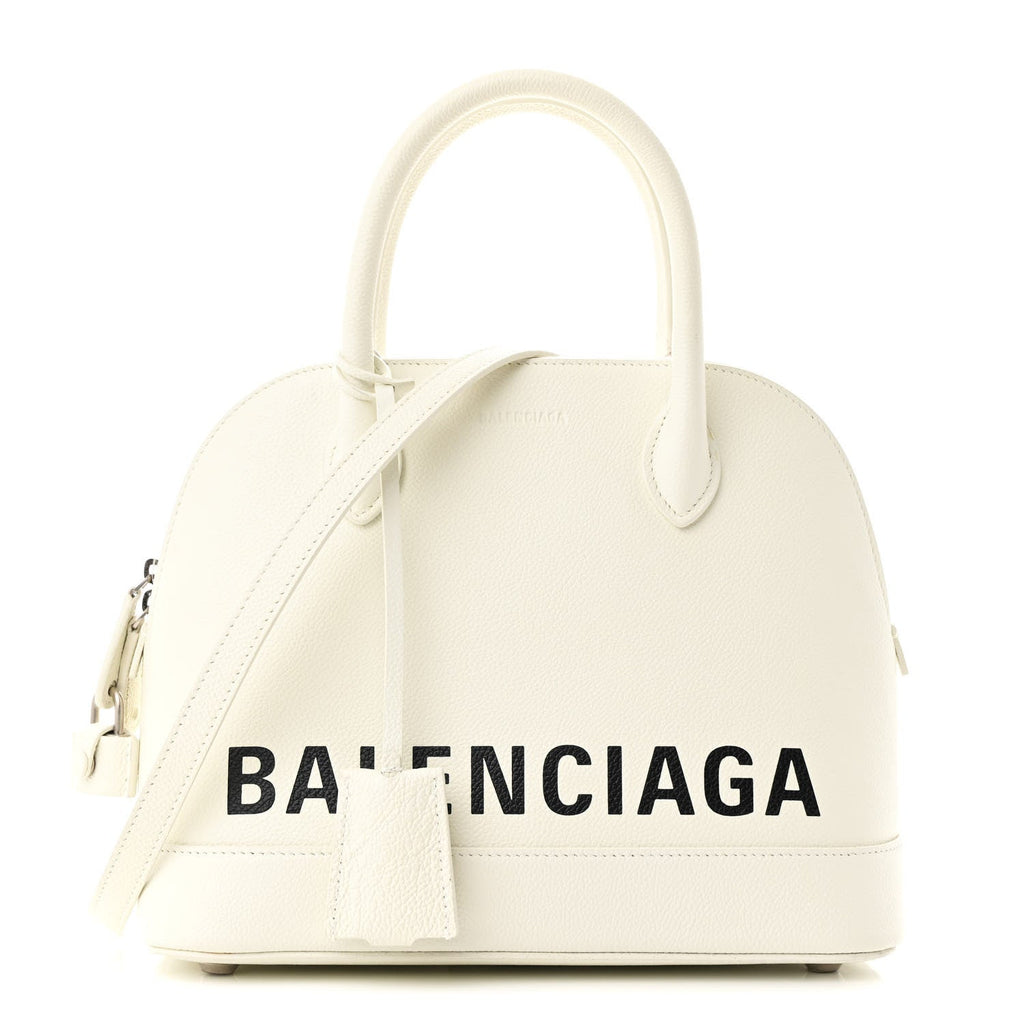Signature Grained Calfskin Logo S Ville Top Handle Bag White Black