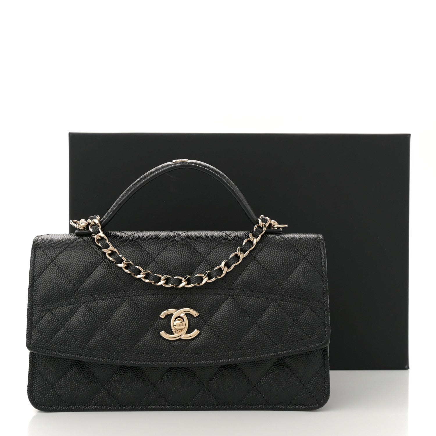 Caviar Quilted Trendy Handle Clutch With Chain Black
