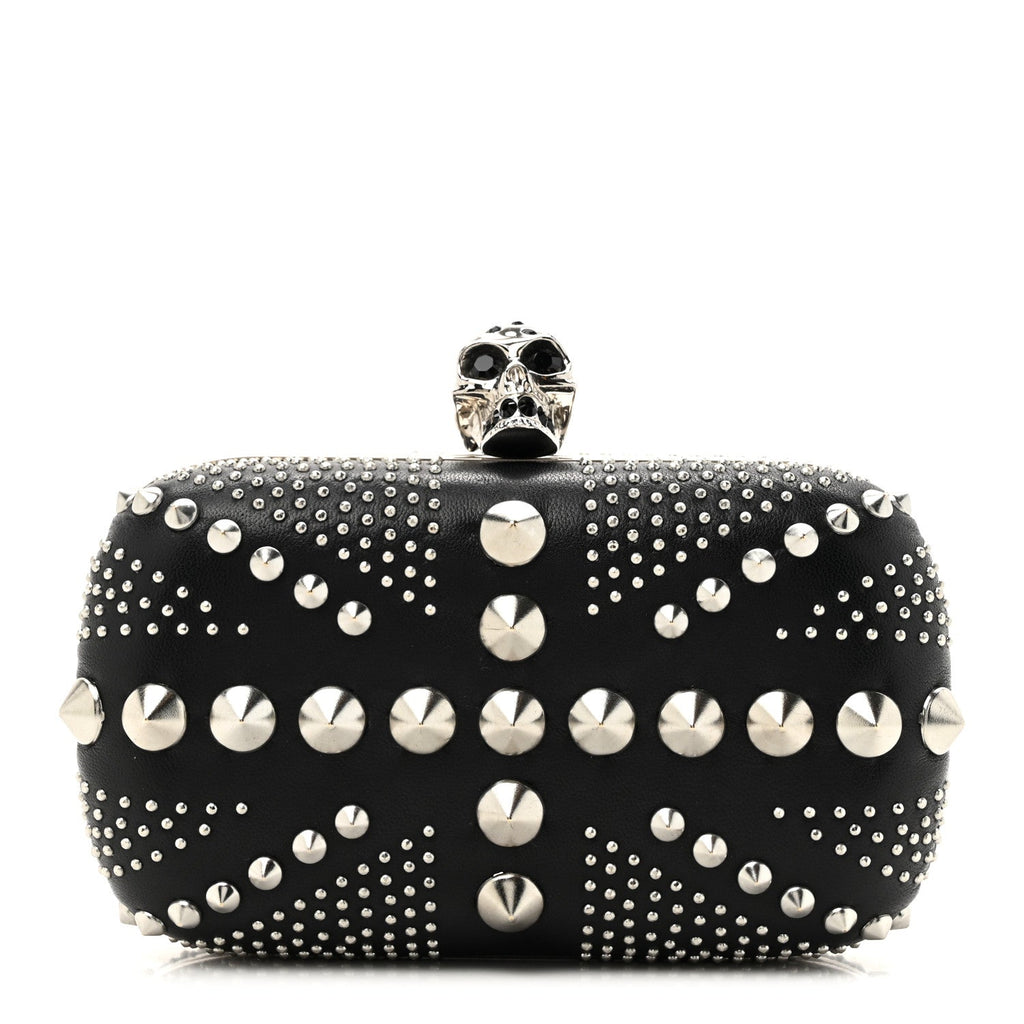 Calfskin Studded Britannia Skull Box Clutch Black