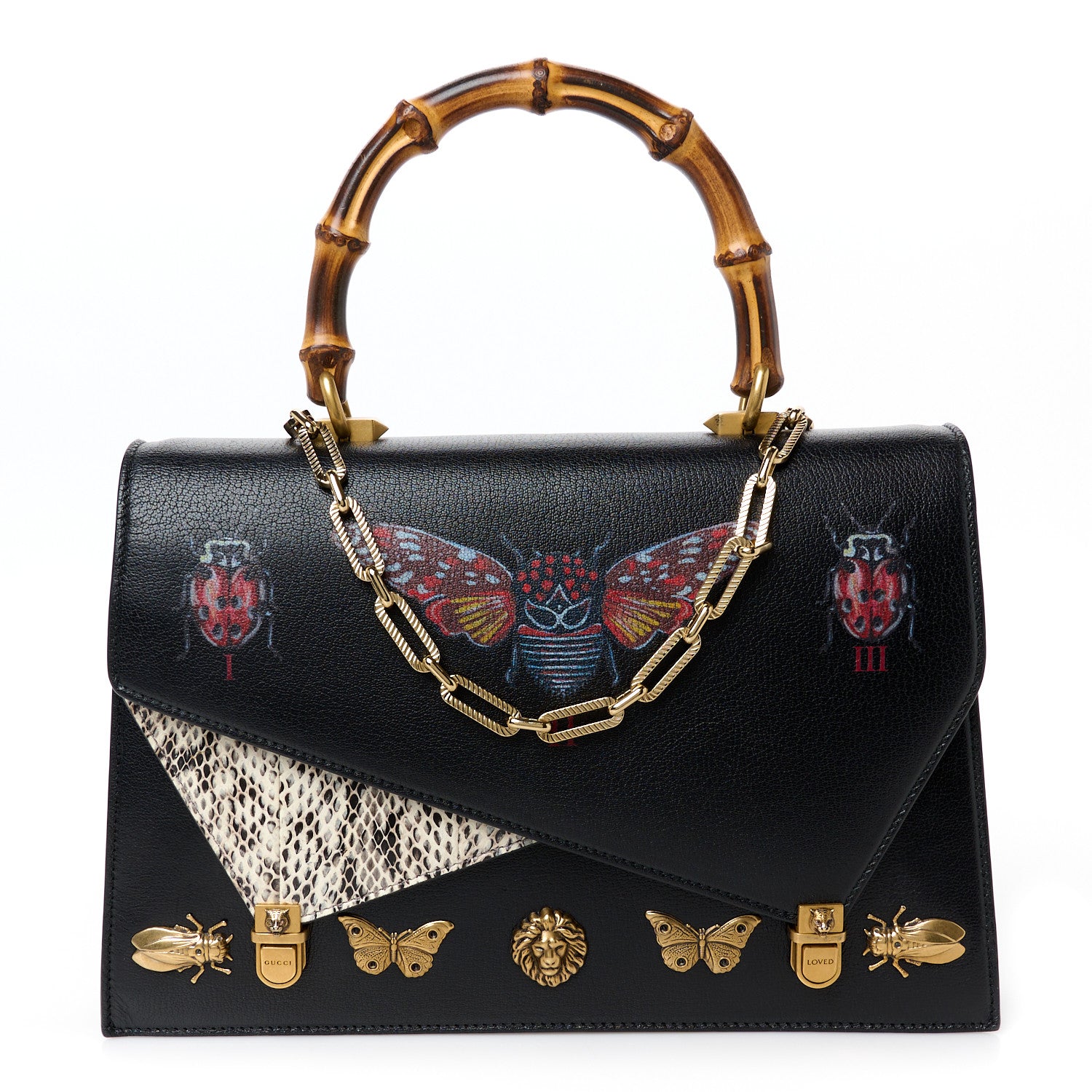 Calfskin Snakeskin Studded Medium Ottilia Top Handle Bag Black