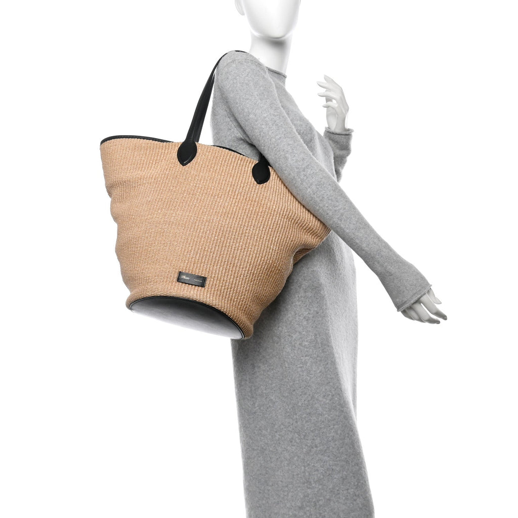 Raffia Calfskin Osa Medium Tote Natural Black