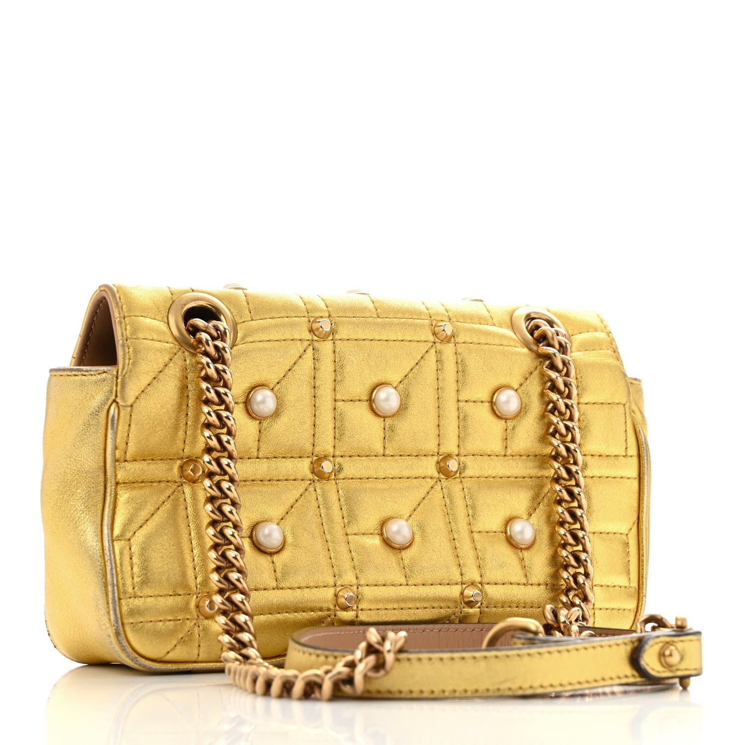 Metallic Calfskin Matelasse Studded Mini Pearly GG Marmont Shoulder Bag Gold