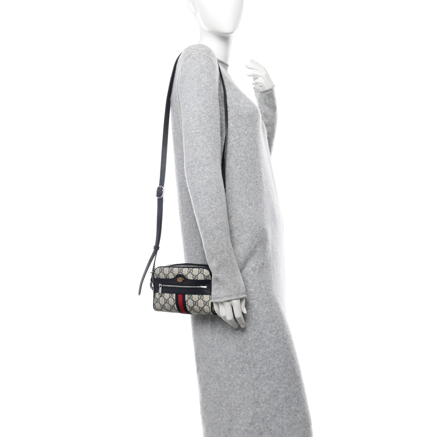 GG Supreme Monogram Textured Dollar Calfskin Web Mini Ophidia Shoulder Bag Beige Blue