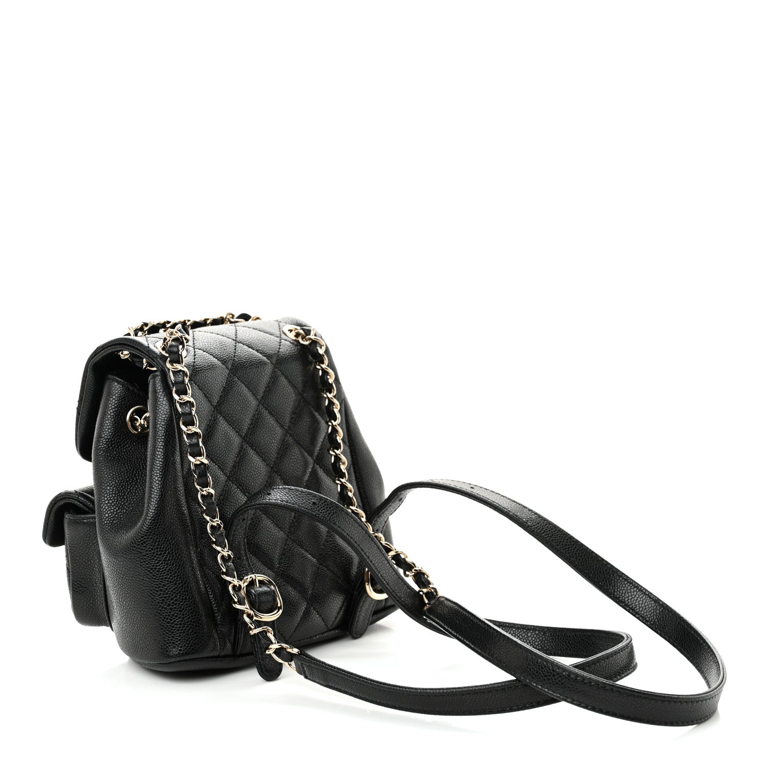 Shiny Caviar Quilted Small Duma Pockets Drawstring Backpack Black