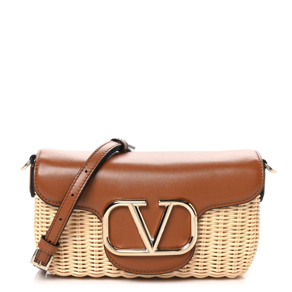 Wicker Calfskin Vlogo Small Loco Shoulder Bag Natural Saddle Brown
