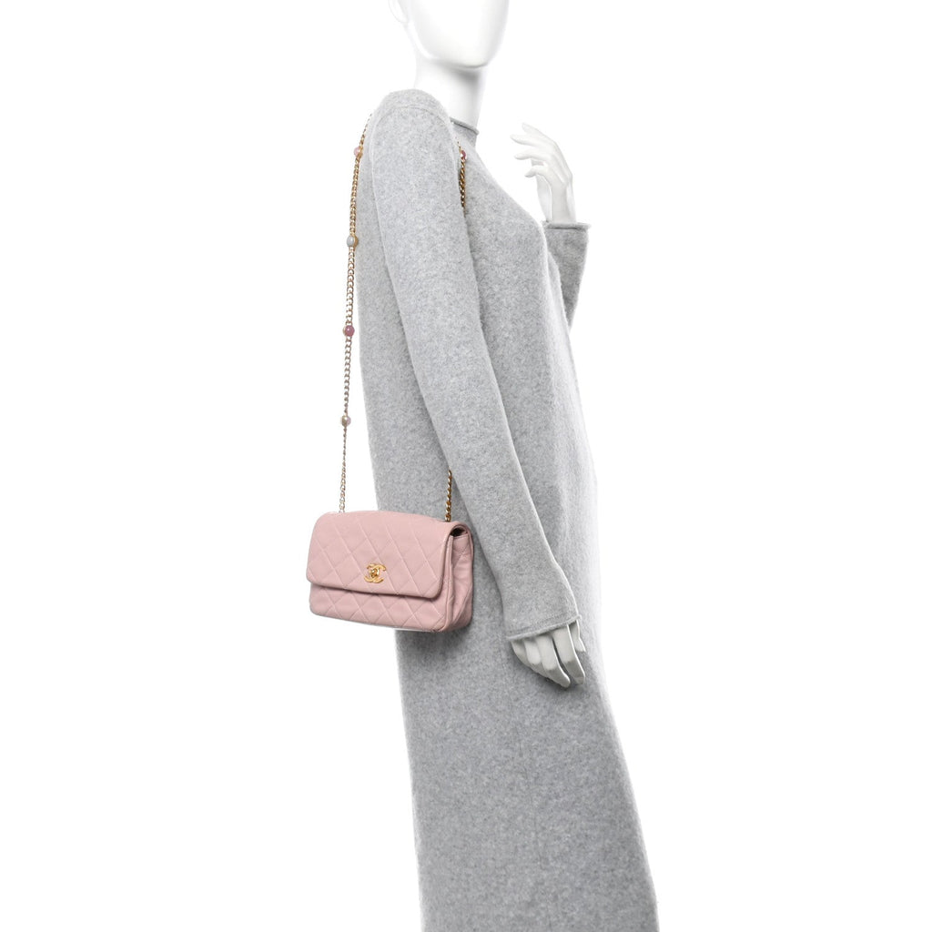 Lambskin Resin Pearl Quilted Small Flap Pink