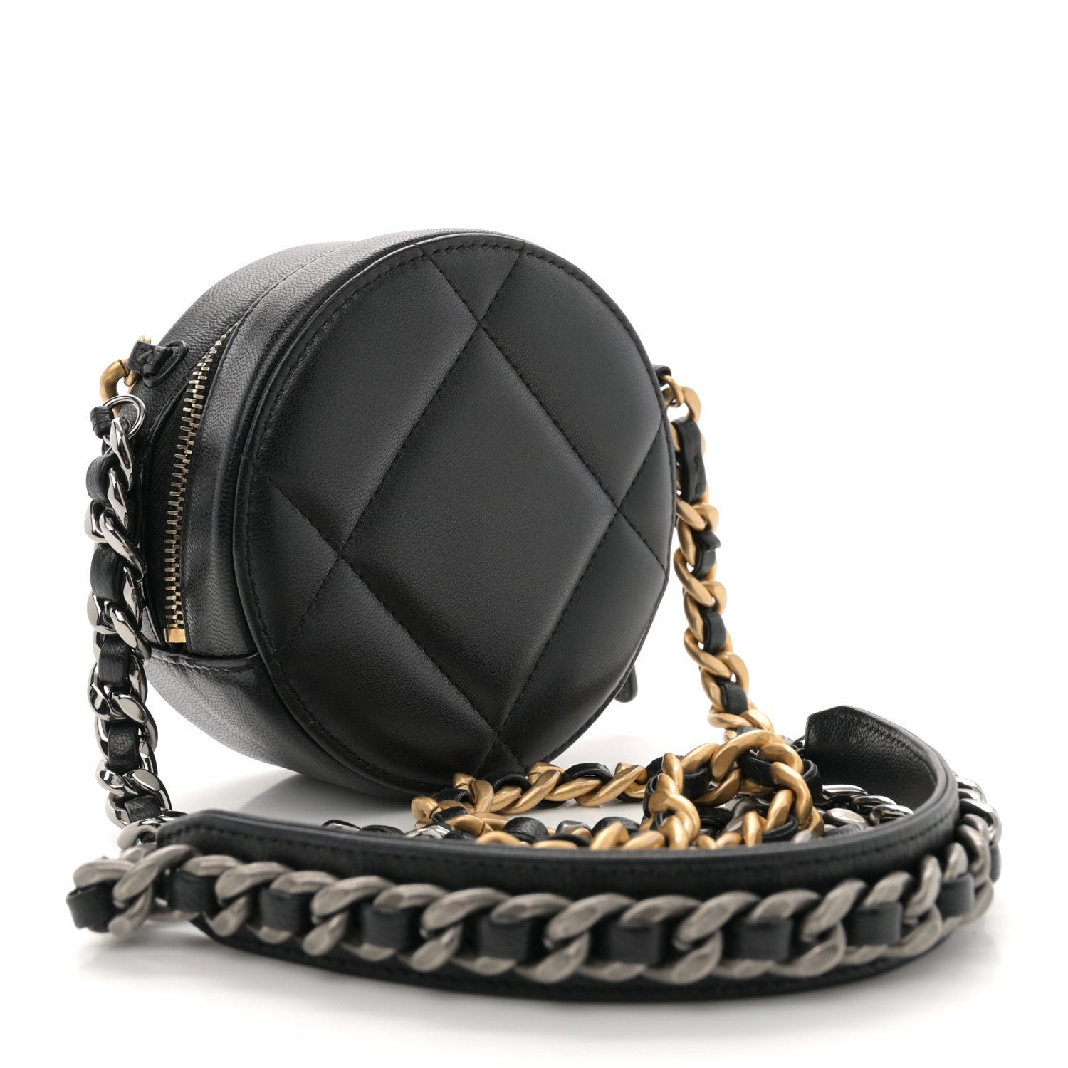 Lambskin Quilted Chanel 19 Round Clutch With Chain Black