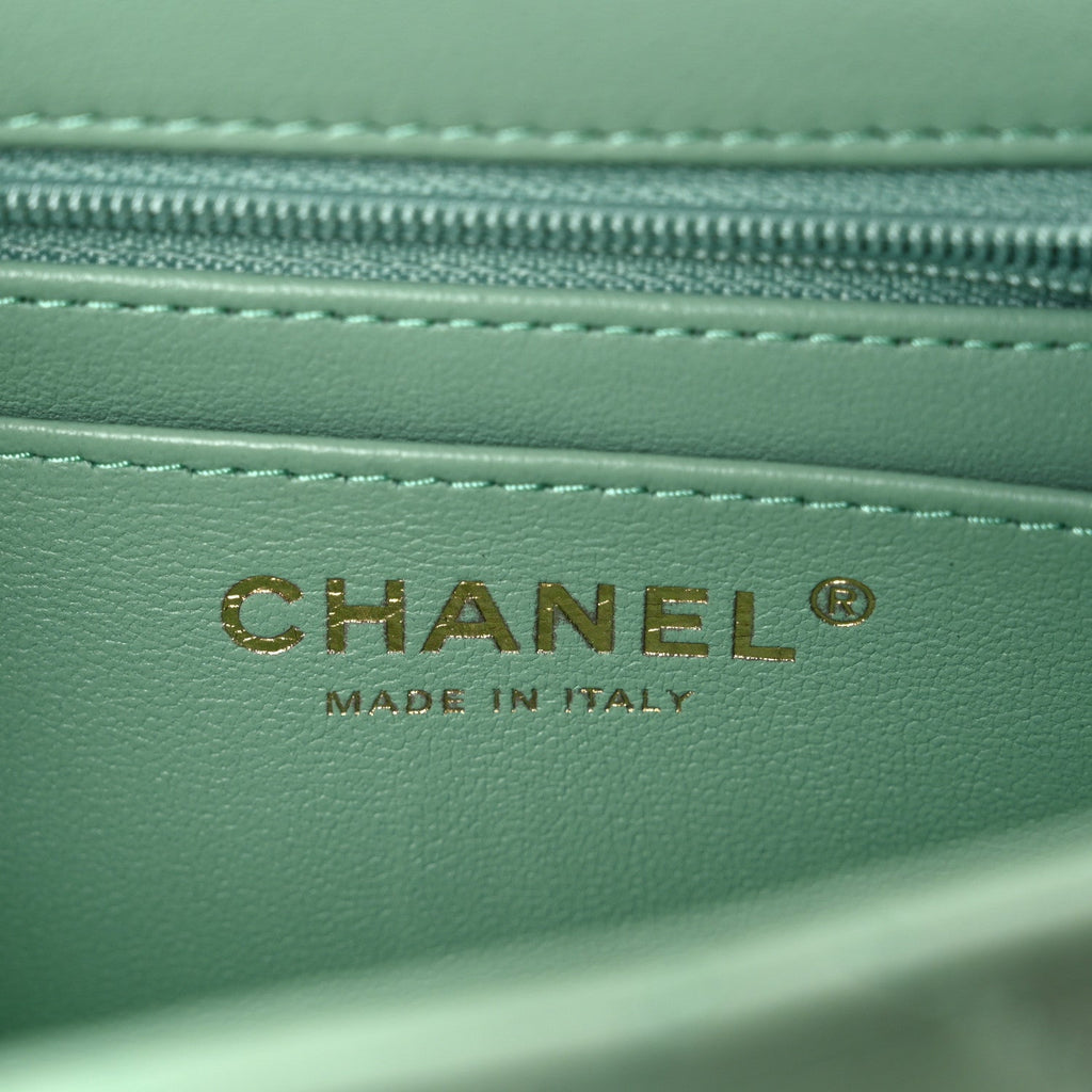 Lambskin Quilted Mini Top Handle Rectangular Flap Light Green