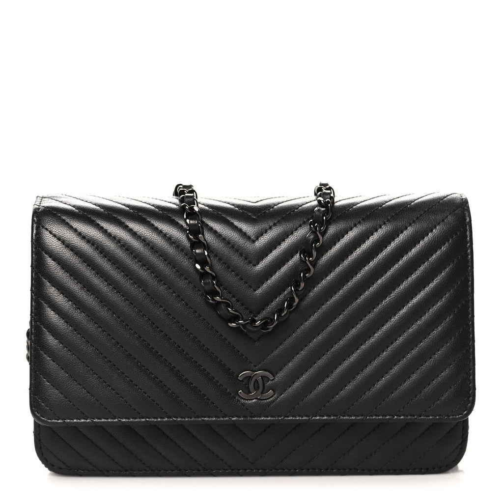 Lambskin Chevron Quilted Wallet On Chain WOC So Black