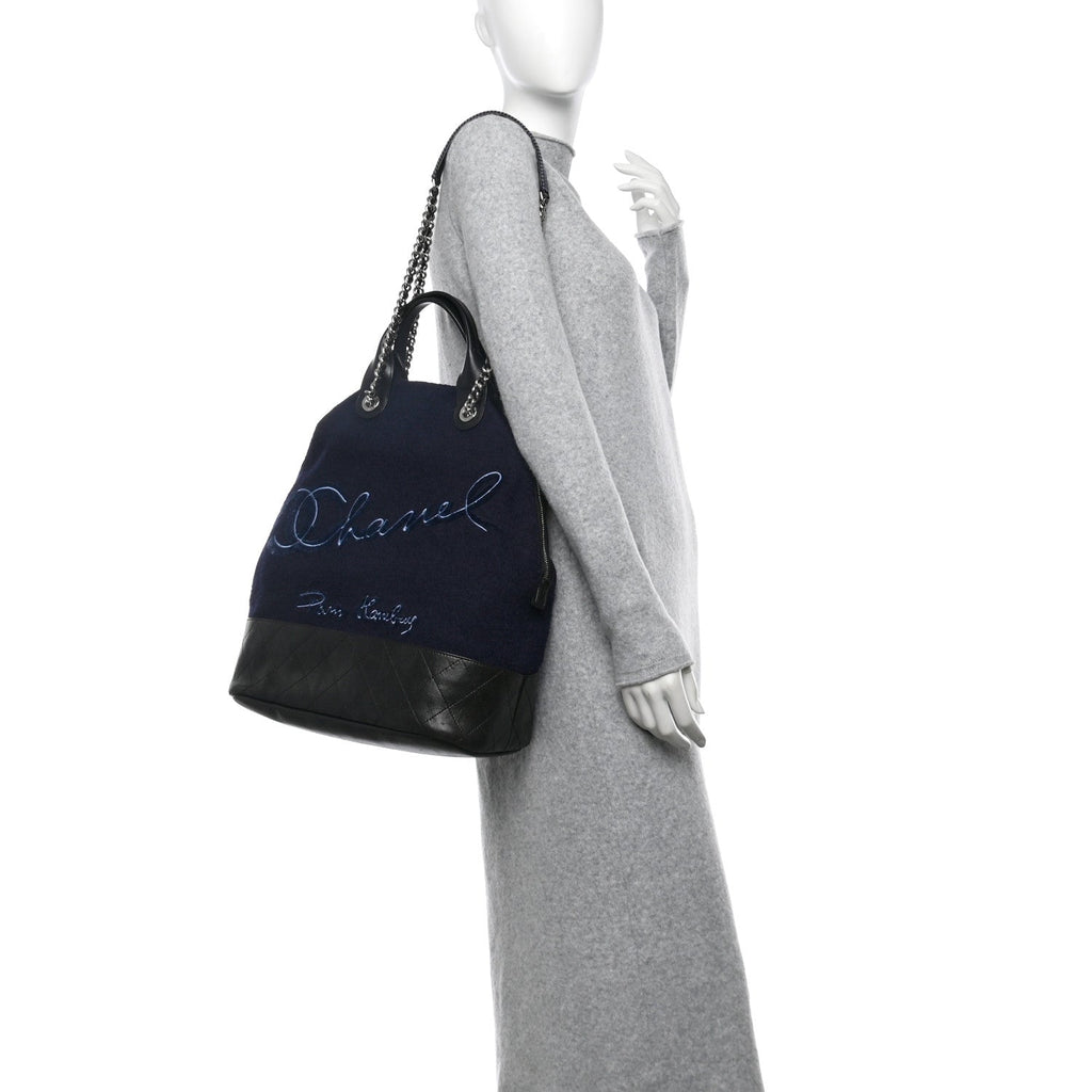 Wool Calfskin Embroidered Paris Hamburg Large Shopping Bag Blue
