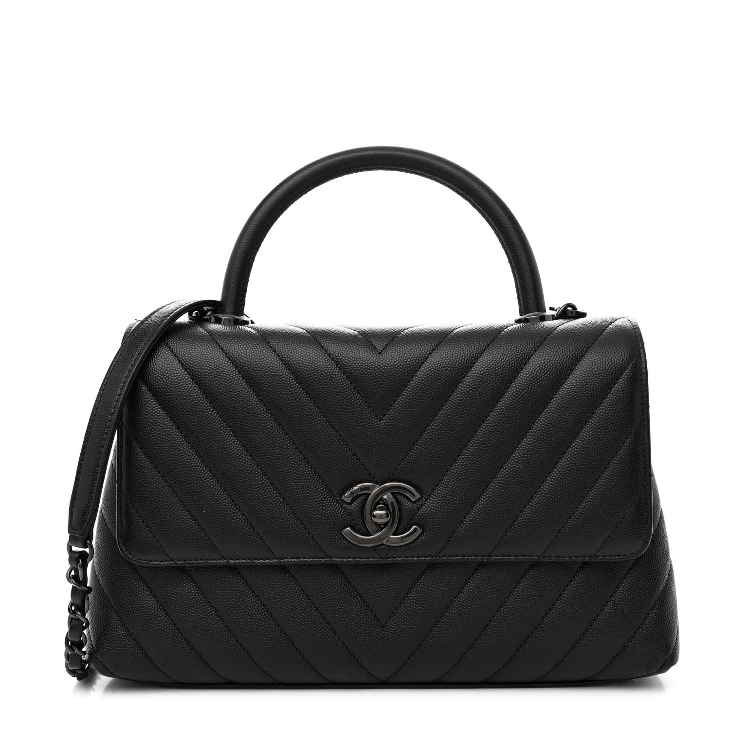 Caviar Chevron Quilted Small Coco Handle Flap So Black