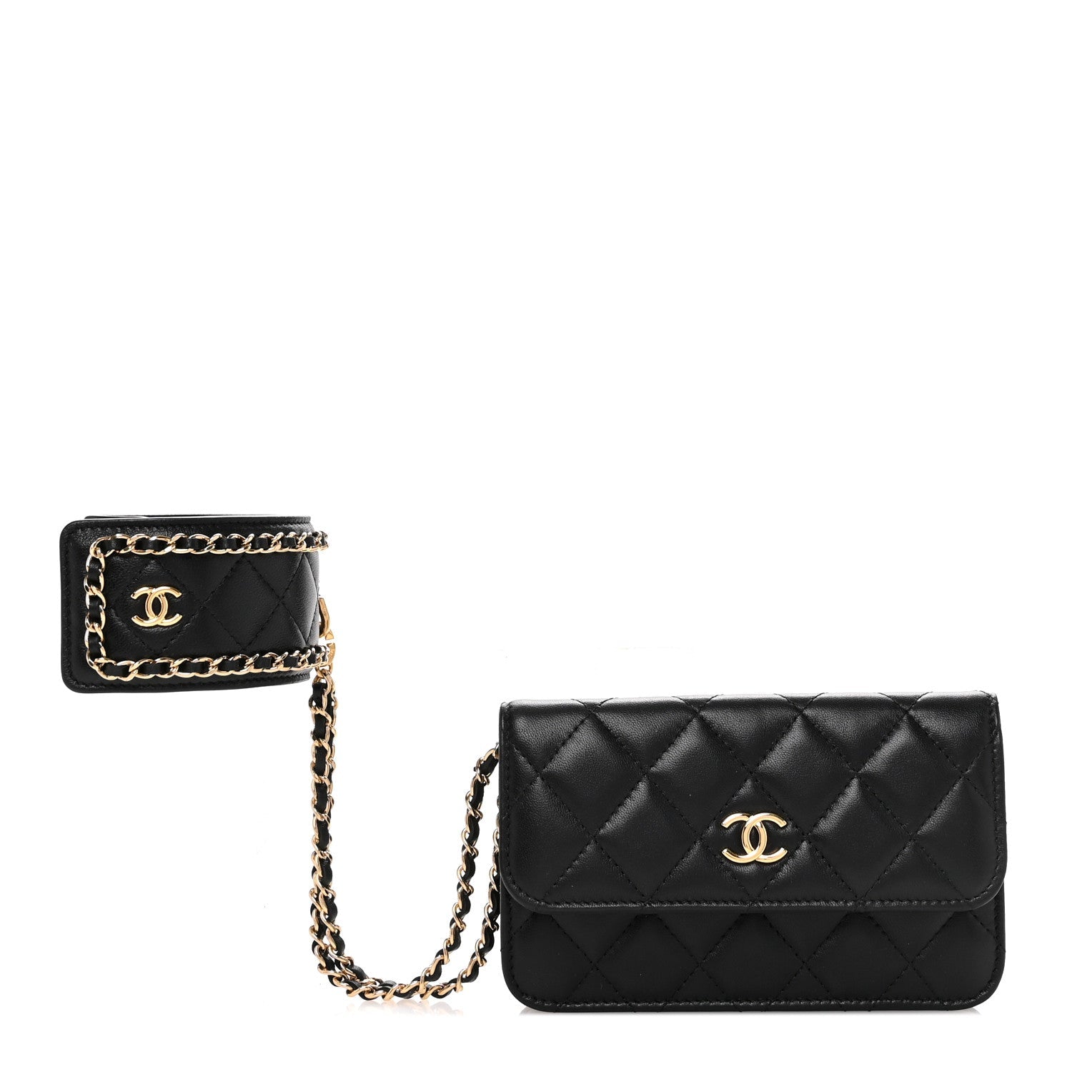 Lambskin Quilted Flap  Holder With Cuff L Black