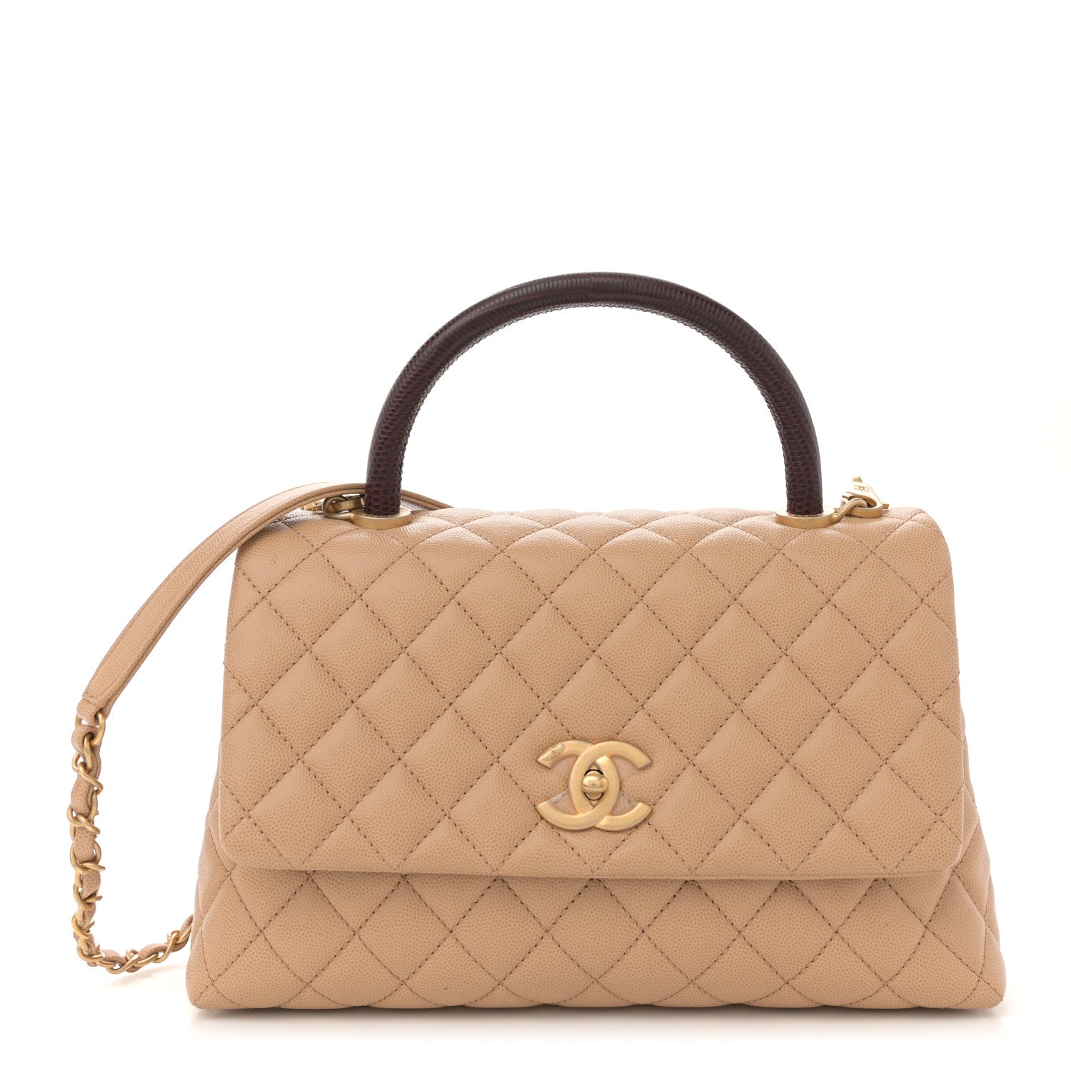 Caviar Lizard Embossed Quilted Small Coco Handle Flap Beige