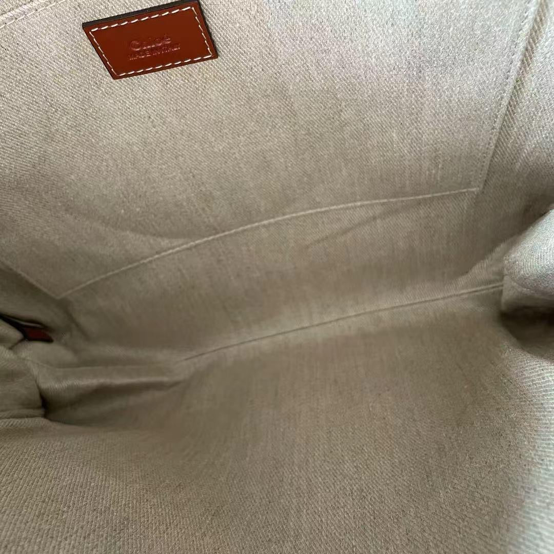 Chloe White and Beige Medium Woody Tote Bag Leinen