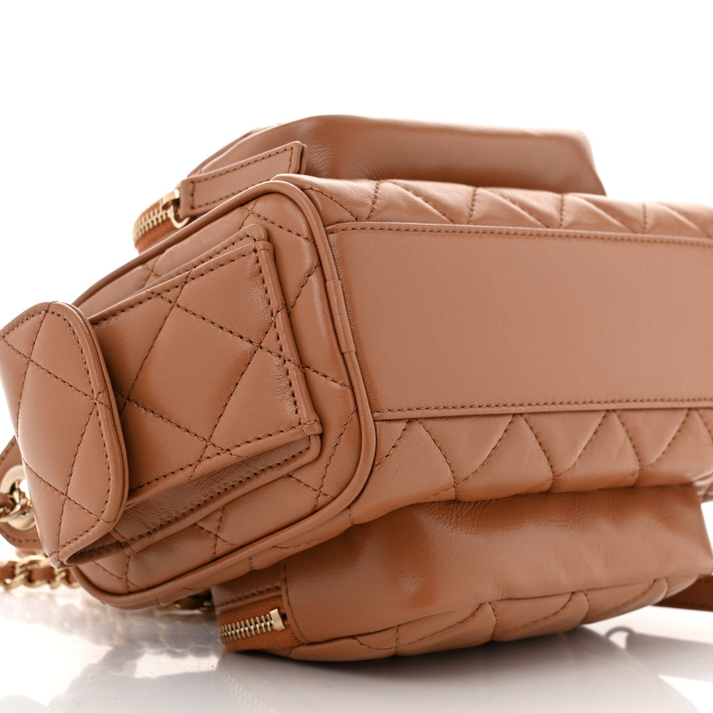 Shiny Crumpled Lambskin Quilted Small Preppy Pocket Camera Case Brown
