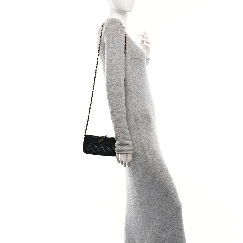 Metallic Sheepskin Chevron Quilted Small Vintage Mademoiselle Clutch With Chain Black