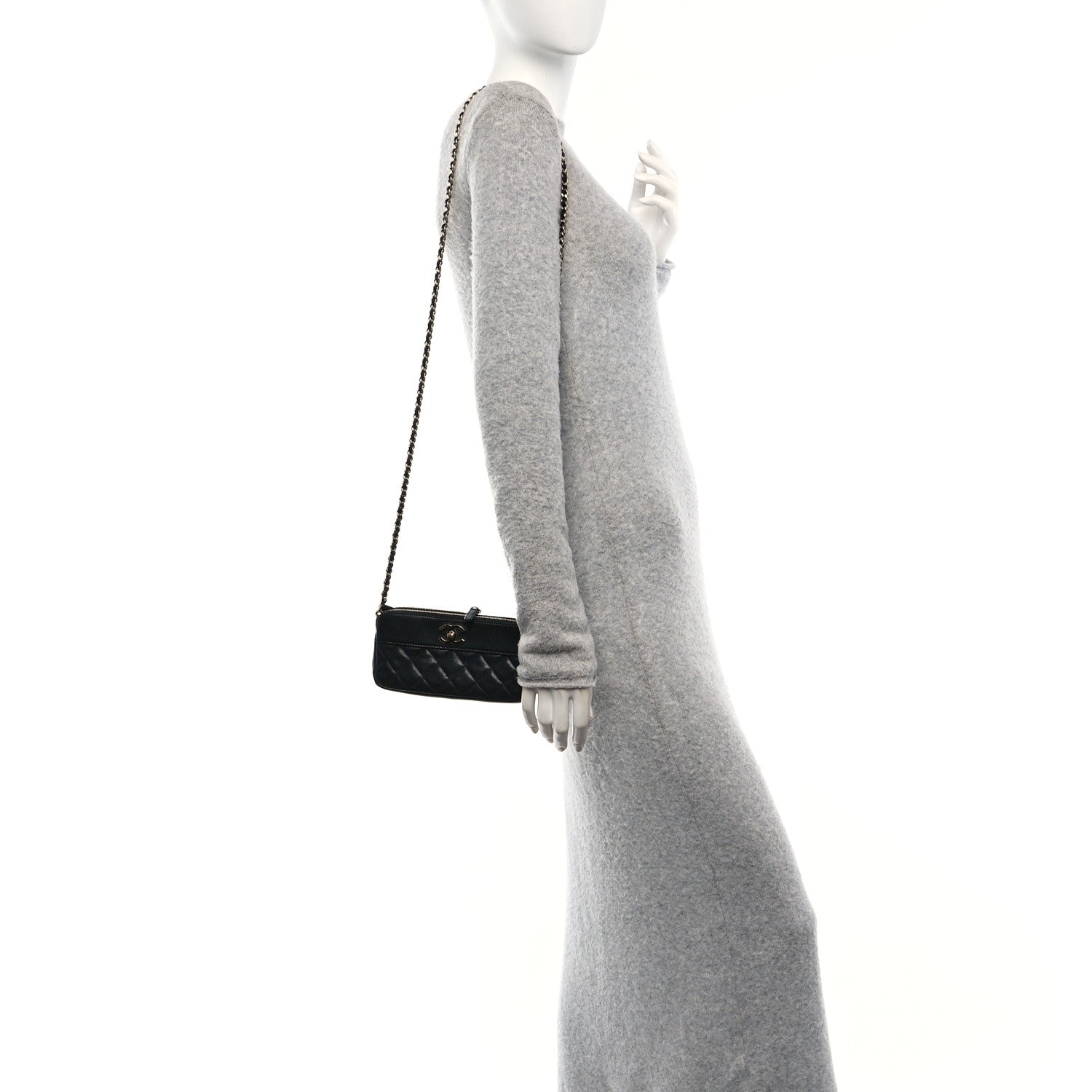 Metallic Sheepskin Chevron Quilted Small Vintage Mademoiselle Clutch With Chain Black