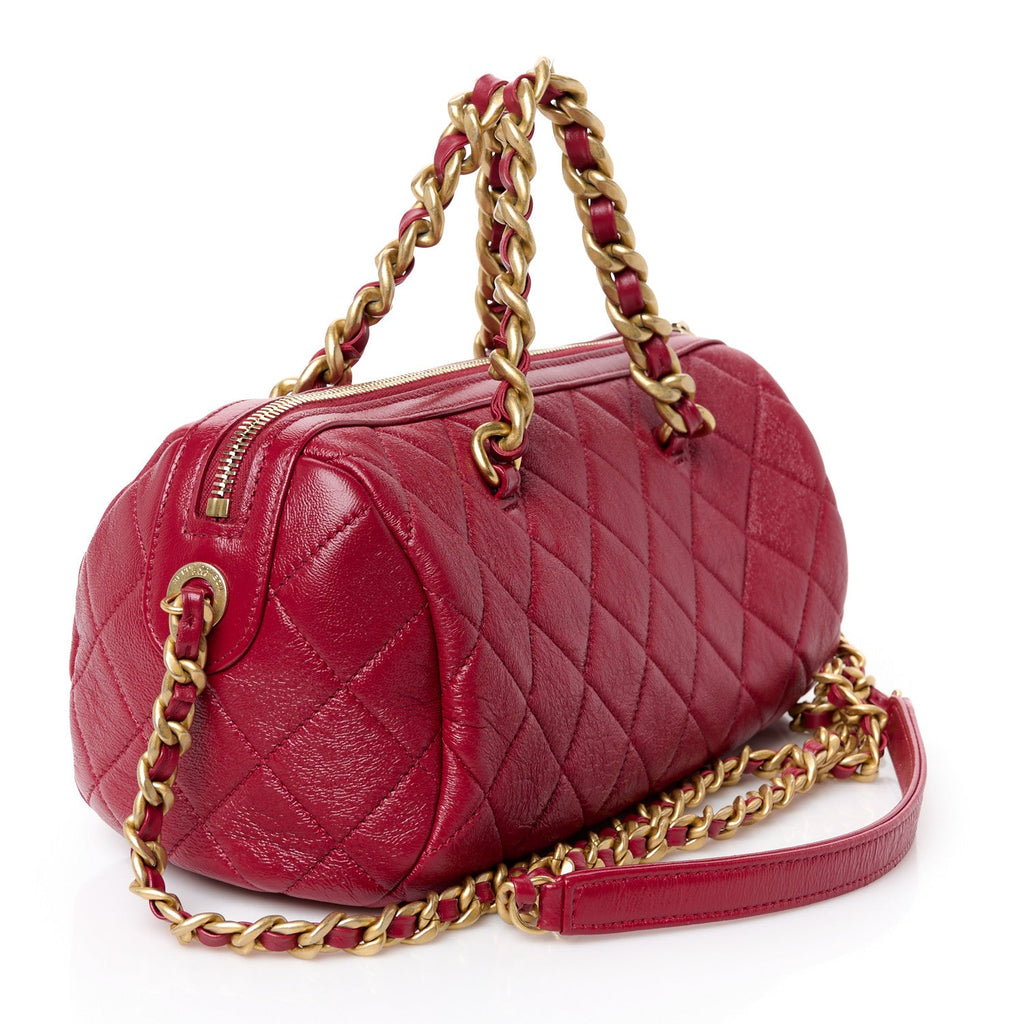 Shiny Lambskin Quilted Fashion Therapy Bowling Bag Red