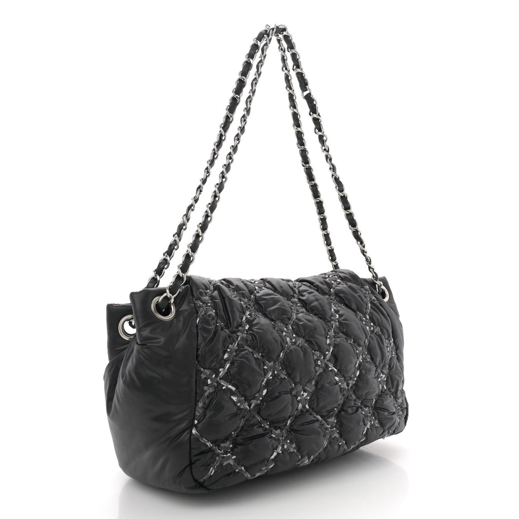 Nylon Quilted Tweed Stitch Bubble Accordion Flap Black
