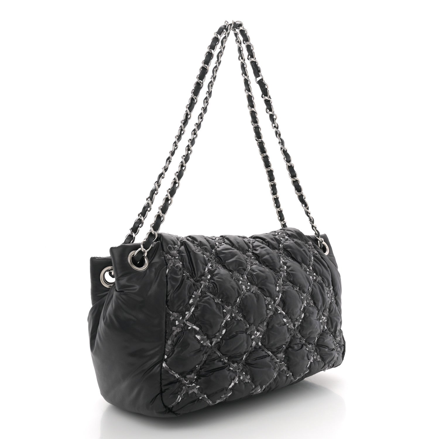 Nylon Quilted Tweed Stitch Bubble Accordion Flap Black