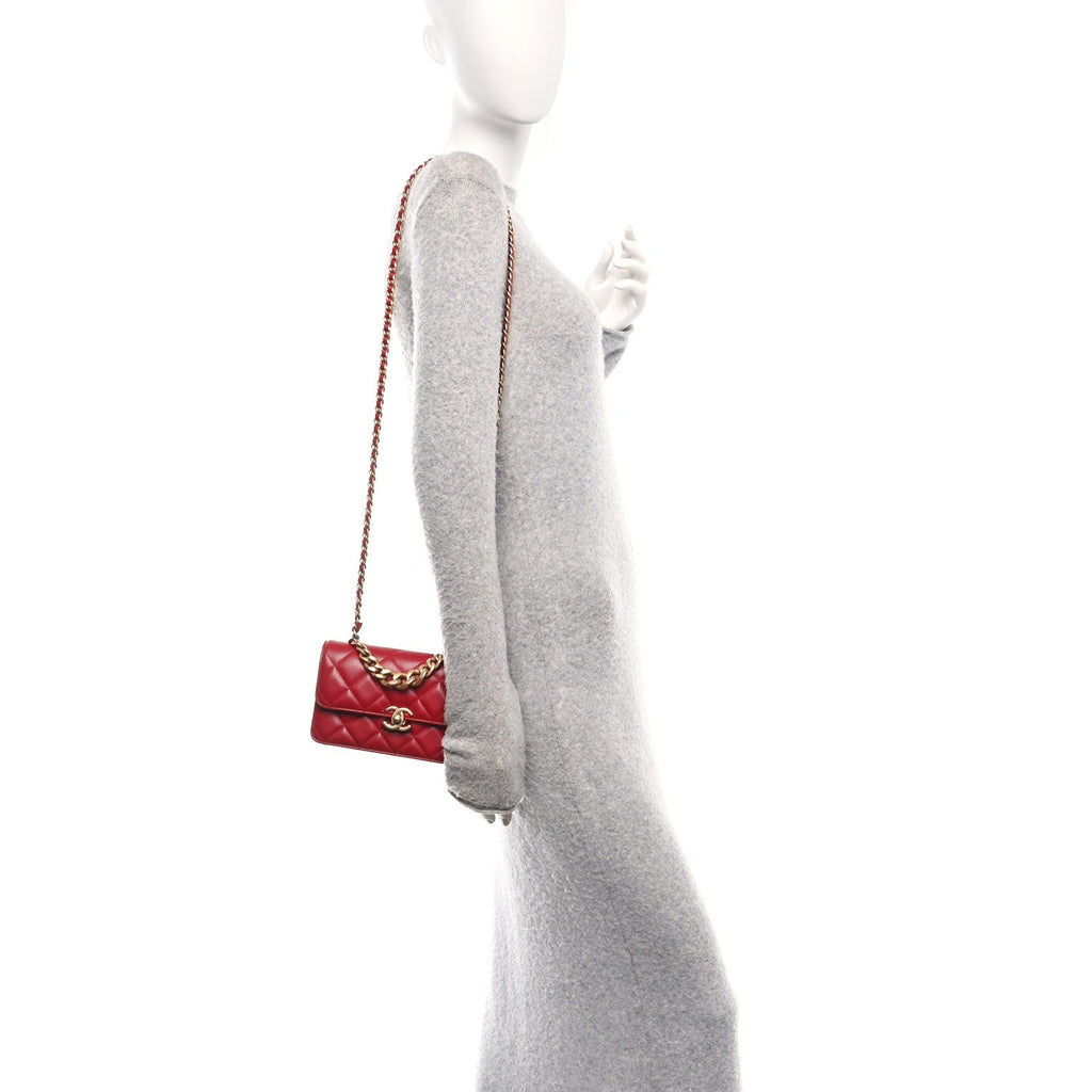 Lambskin Quilted Chunky Chain Handle Mini Flap Red