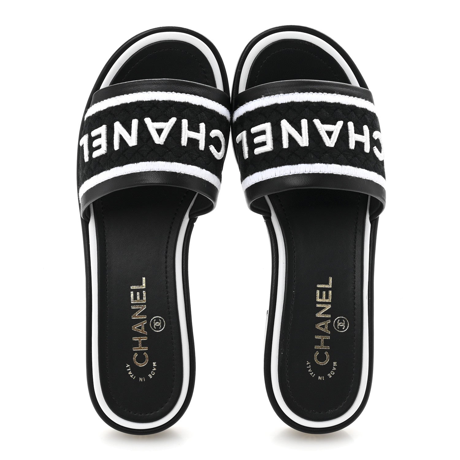 Lambskin Embroidered CC Mule Sandal 38.5 Black White