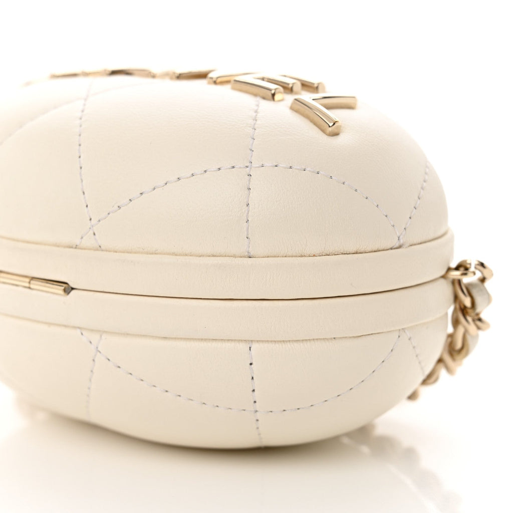 Lambskin Quilted Oval Minaudiere Chain Clutch White