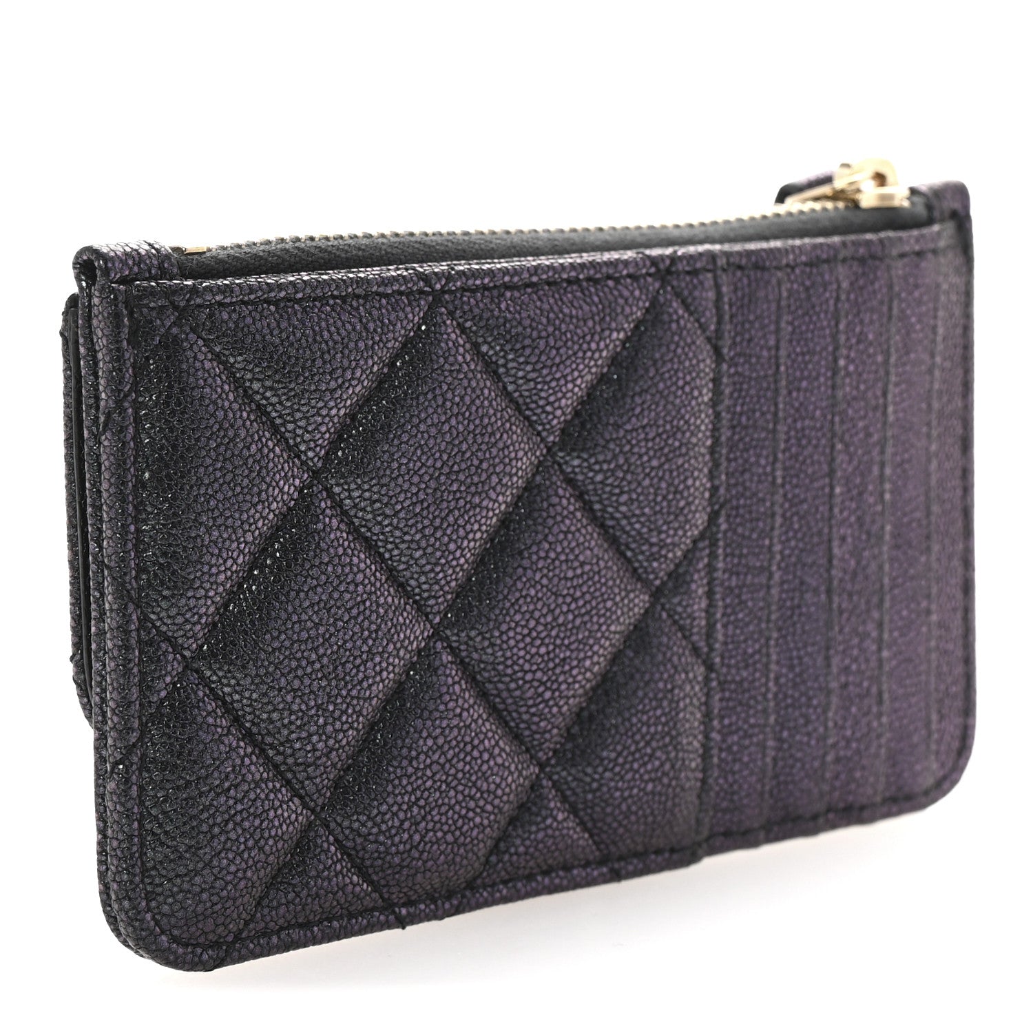 Iridescent Caviar Quilted Flap Zip  Holder Black