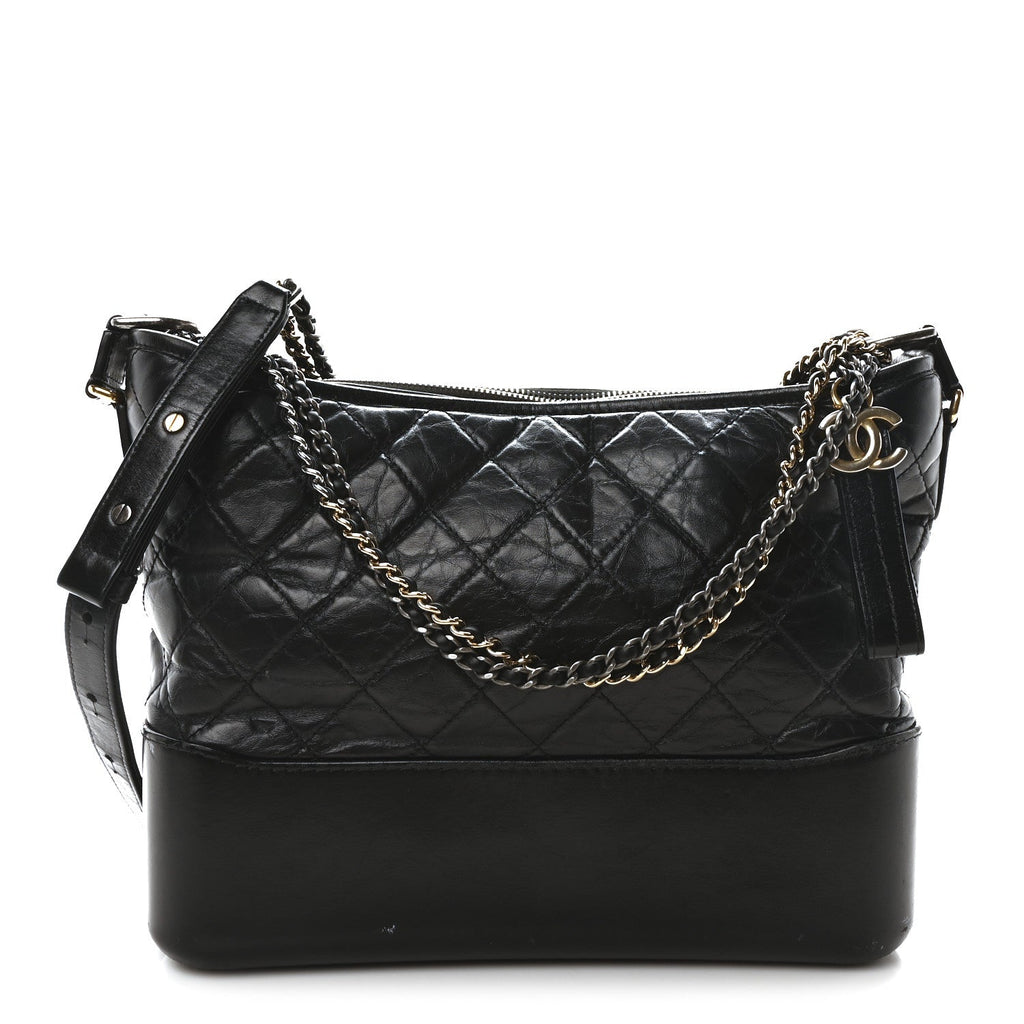 Aged Smooth Calfskin Quilted Medium Gabrielle Logo Hobo Black