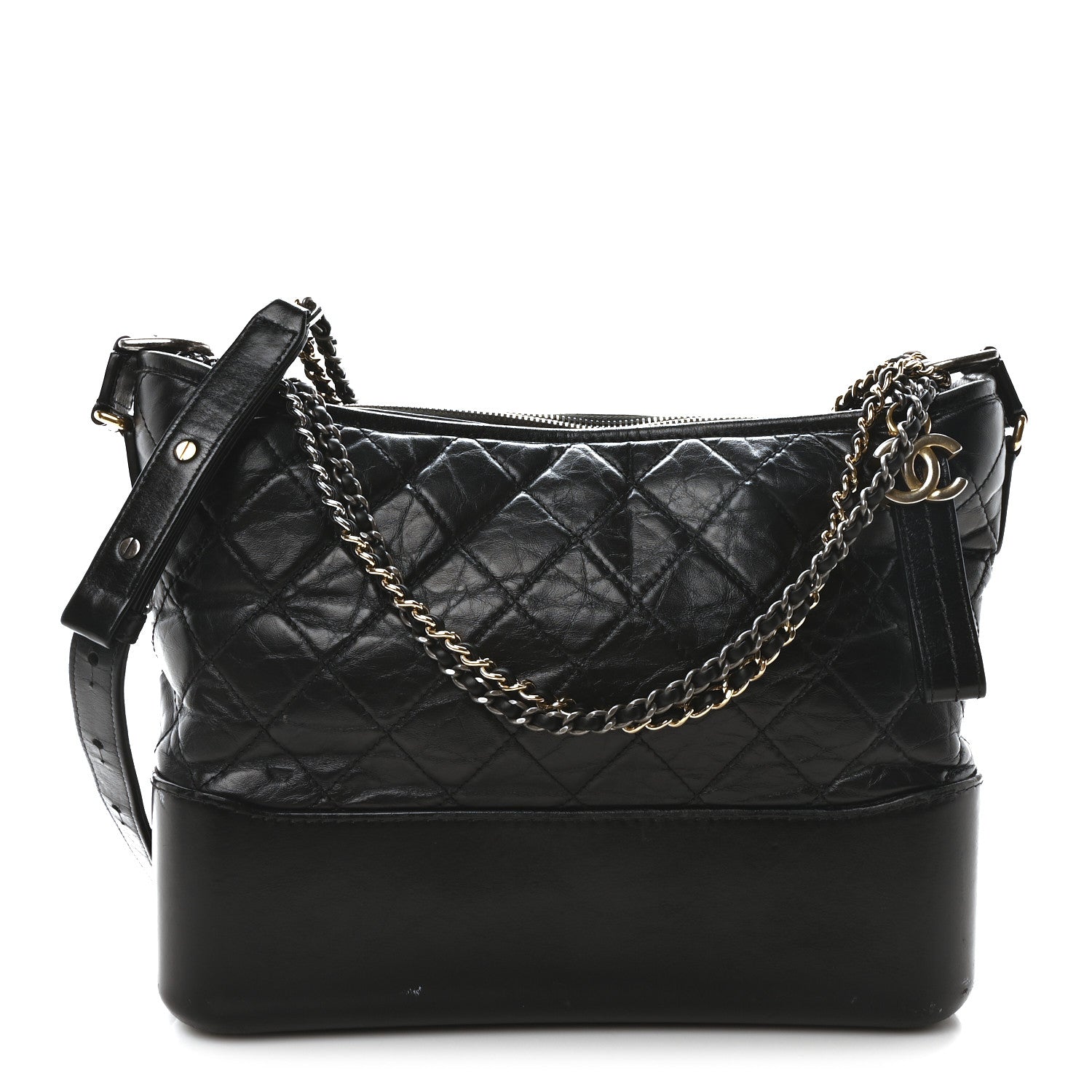 Aged Smooth Calfskin Quilted Medium Gabrielle Logo Hobo Black