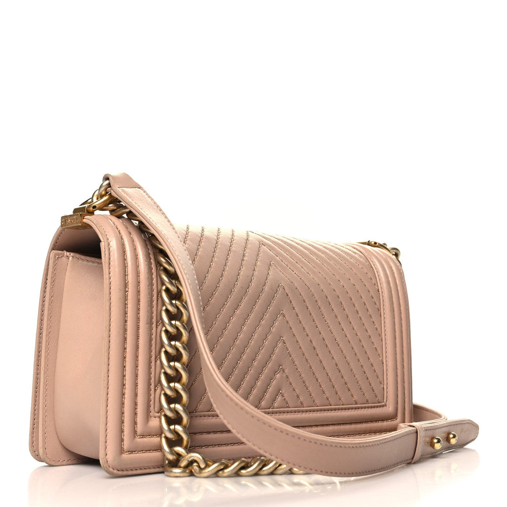 Lambskin Chevron Chain Stitched Medium Boy Flap Beige