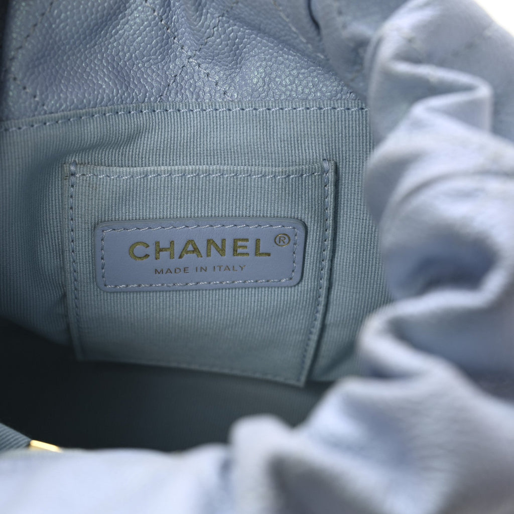 Iridescent Caviar Quilted My Perfect CC Bucket Drawstring Bag Light Blue