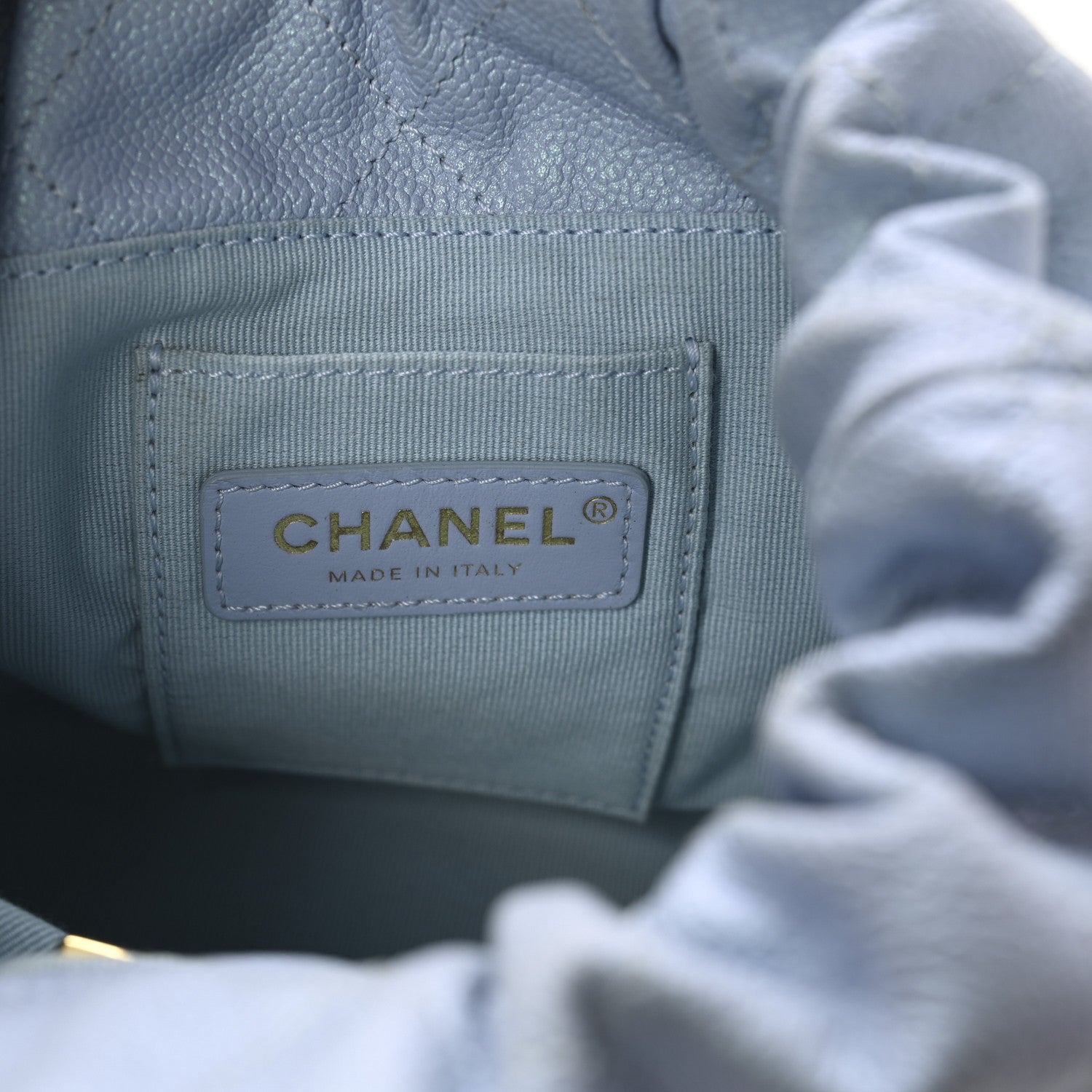 Iridescent Caviar Quilted My Perfect CC Bucket Drawstring Bag Light Blue
