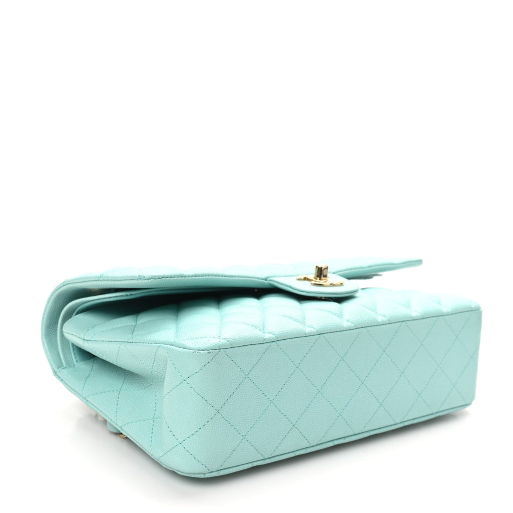 Caviar Quilted Medium Double Flap Light Blue