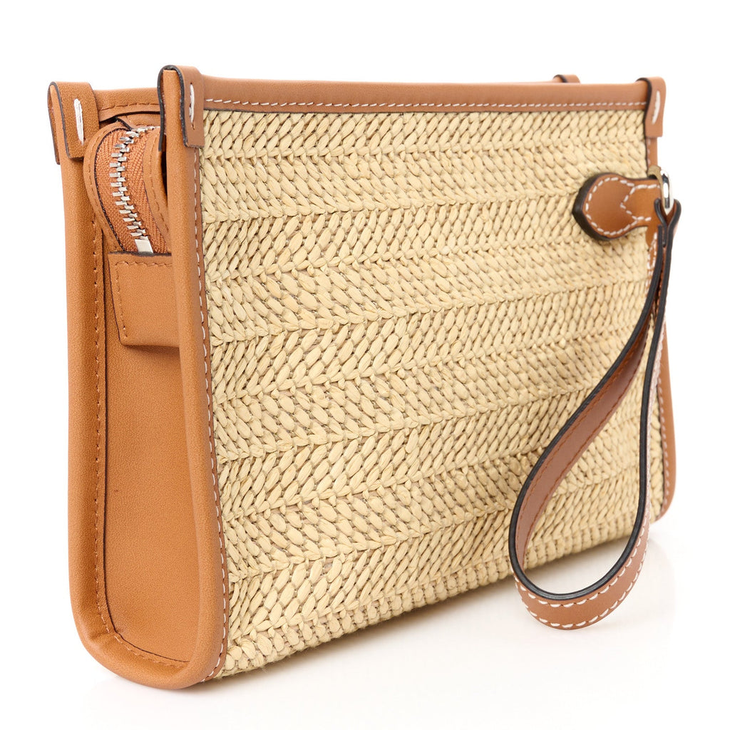 Straw Effect Raffia Calfskin Logo Wristlet Pouch Brown Multicolor