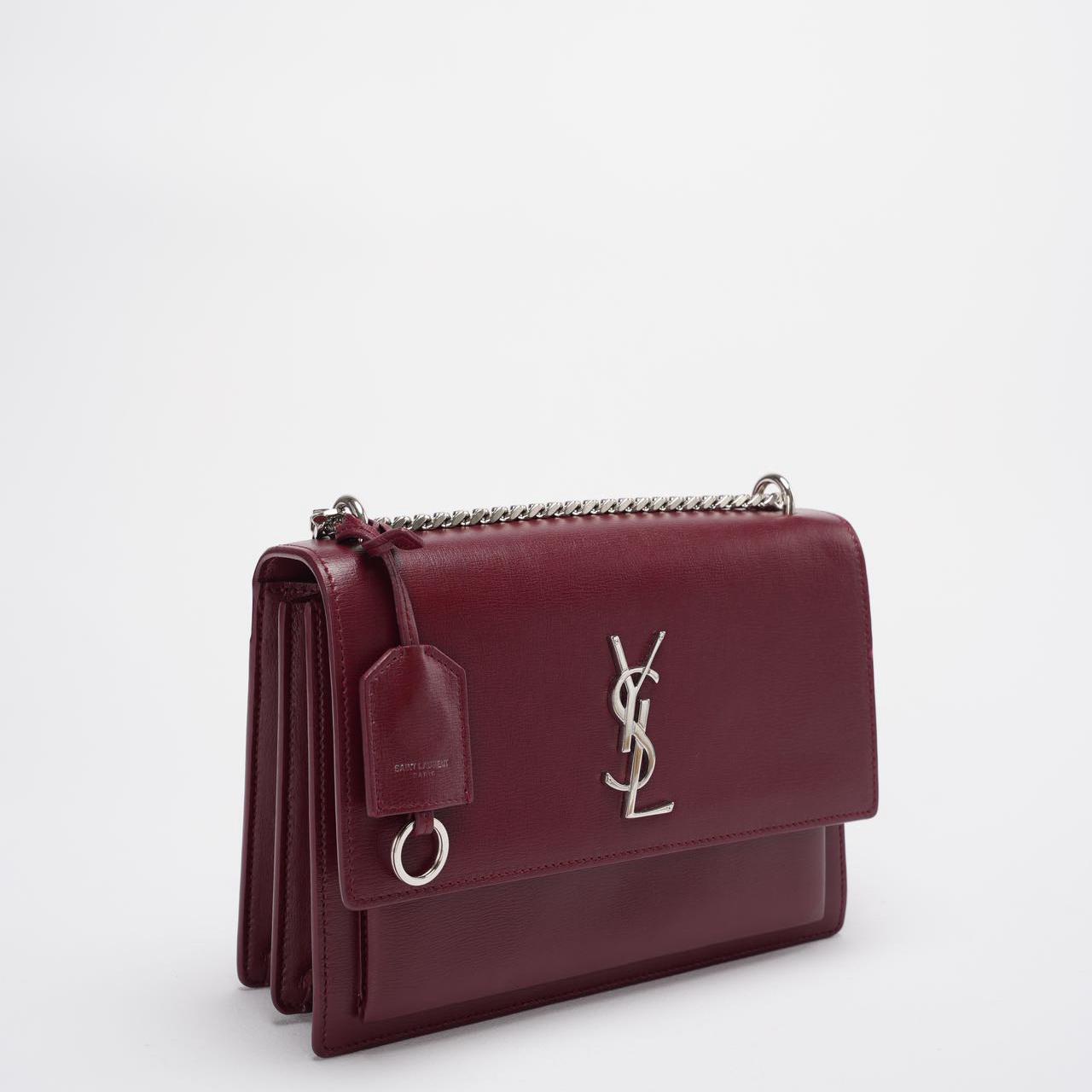 Saint Laurent Sunset Bag Burgundy Box Leder with Silver Hardware Medium